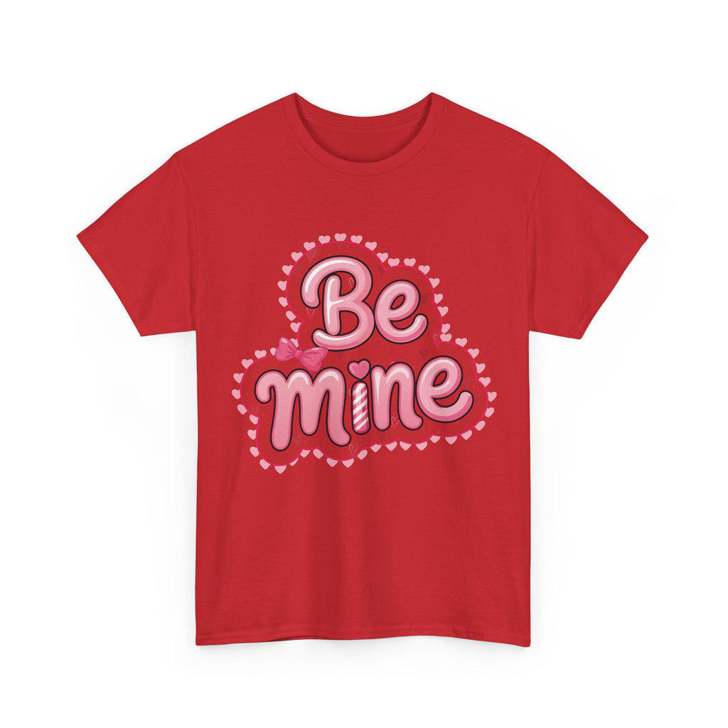 Be Mine Valentine T-Shirt — Pink Bubble Letters with Hearts & Bow..Unisex Cotton Tee