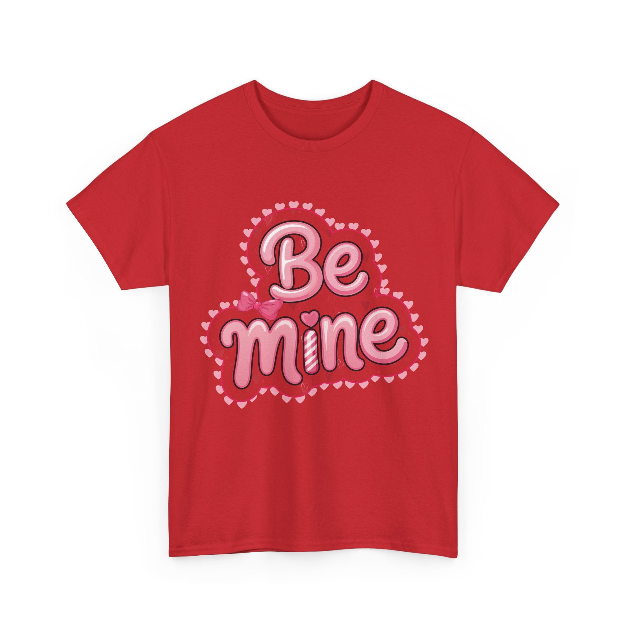 Be Mine Valentine T-Shirt — Pink Bubble Letters with Hearts & Bow..Unisex Cotton Tee