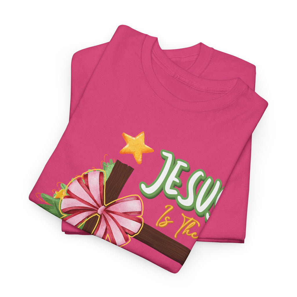Jesus Is the Reason for the Season Christmas Tee — Cross with Pink Bow & Tree. Unisex Cotton Tee
