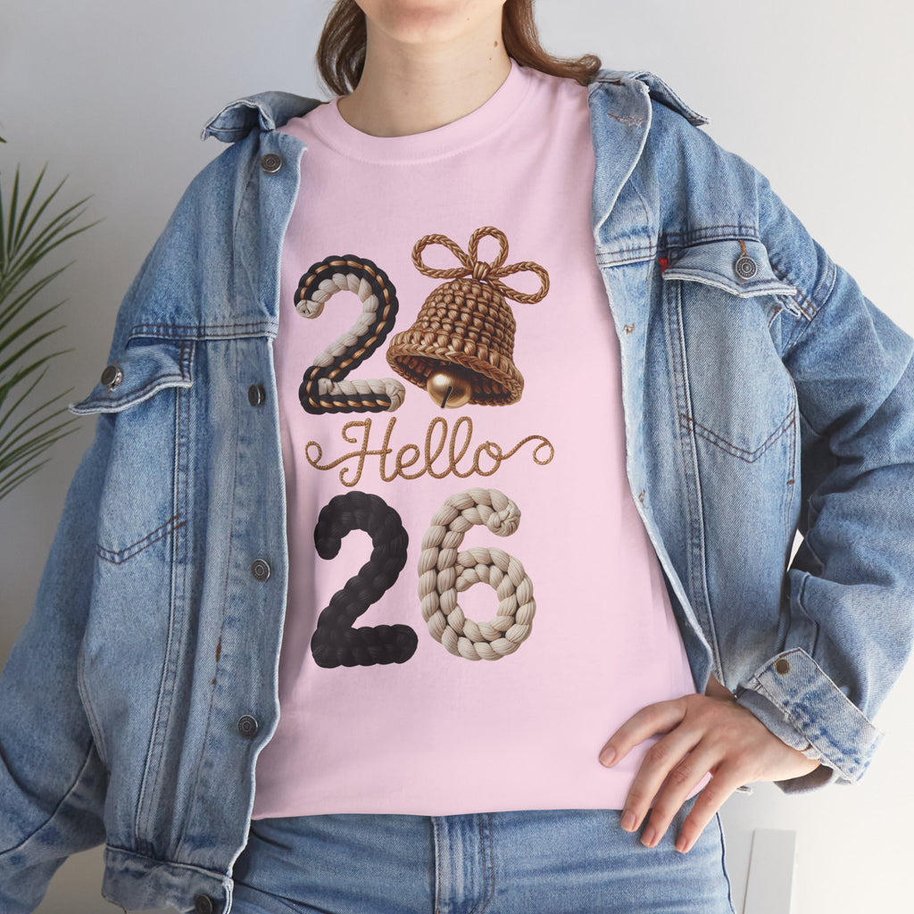 Hello 2026 Tee — Cozy Faux Yarn Braided Numbers with Woven Golden Bell..Unisex Cotton Tee