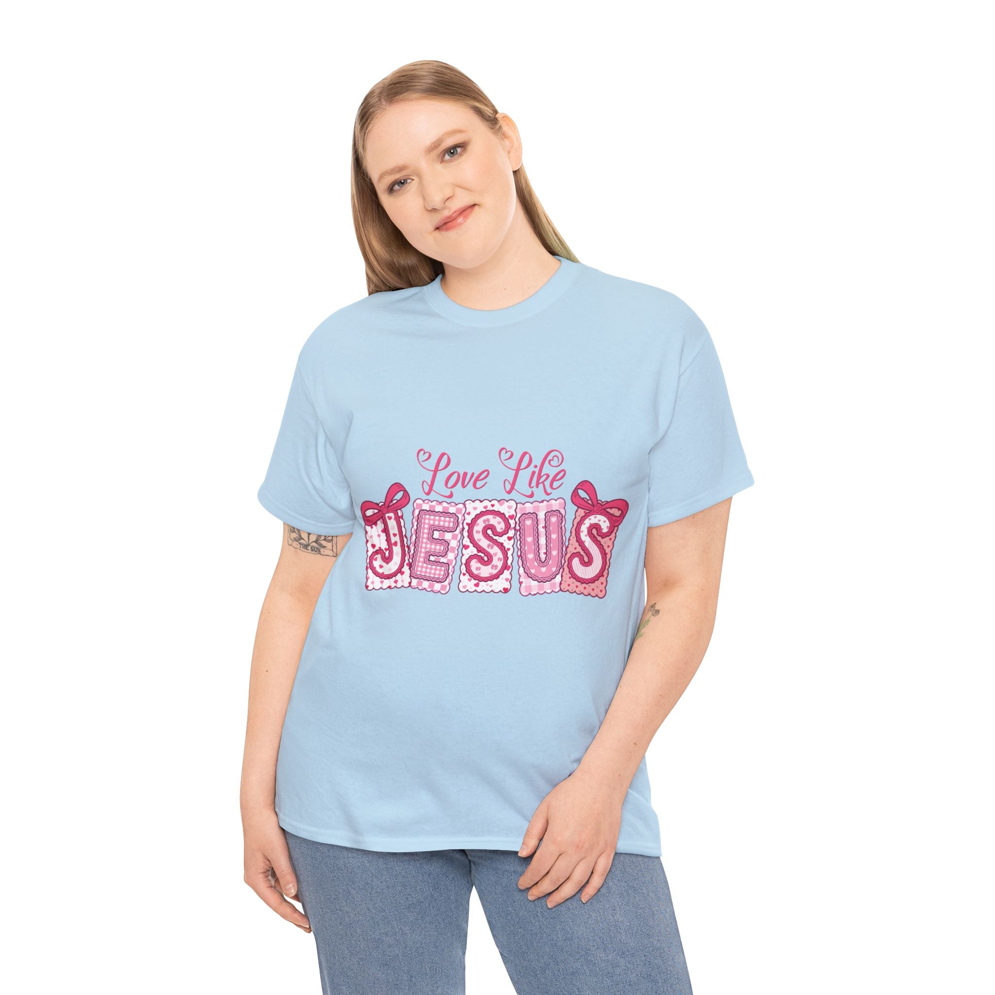 Love Like Jesus Patchwork Tee — Pink Stitched Heart Graphic.Unisex Cotton Tee