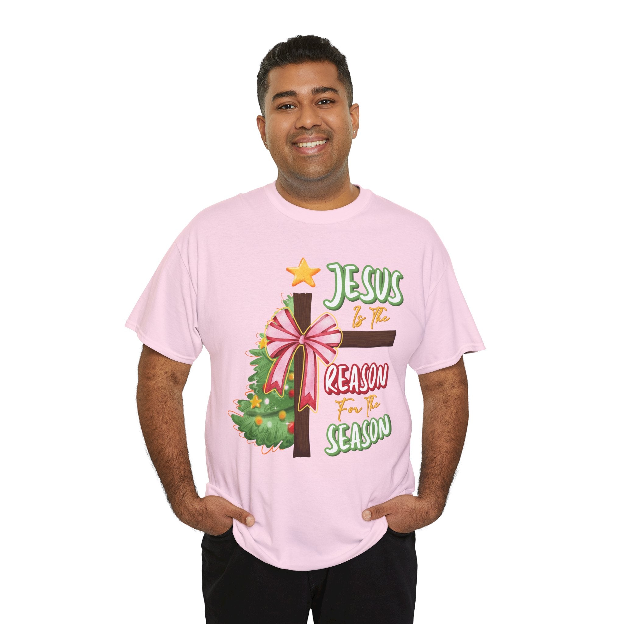 Jesus Is the Reason for the Season Christmas Tee — Cross with Pink Bow & Tree. Unisex Cotton Tee