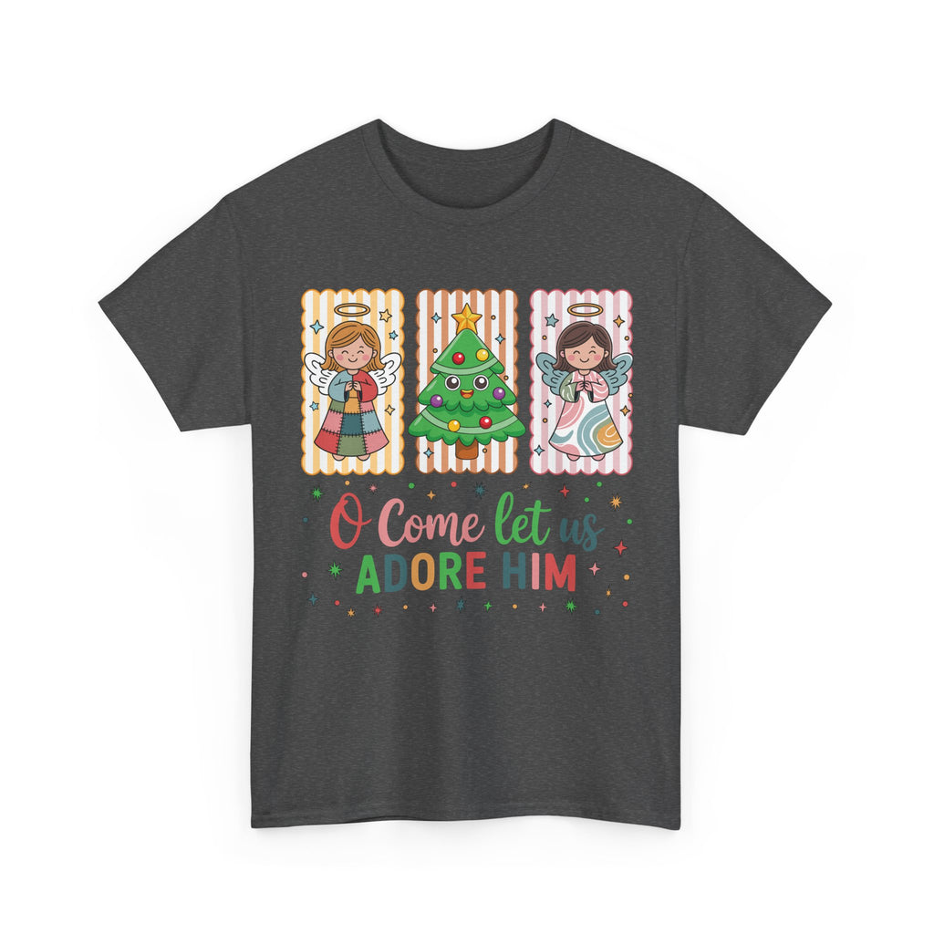 O Come Let Us Adore Him Christmas Tee — Smiling Angels & Happy Tree..Unisex Cotton Tee