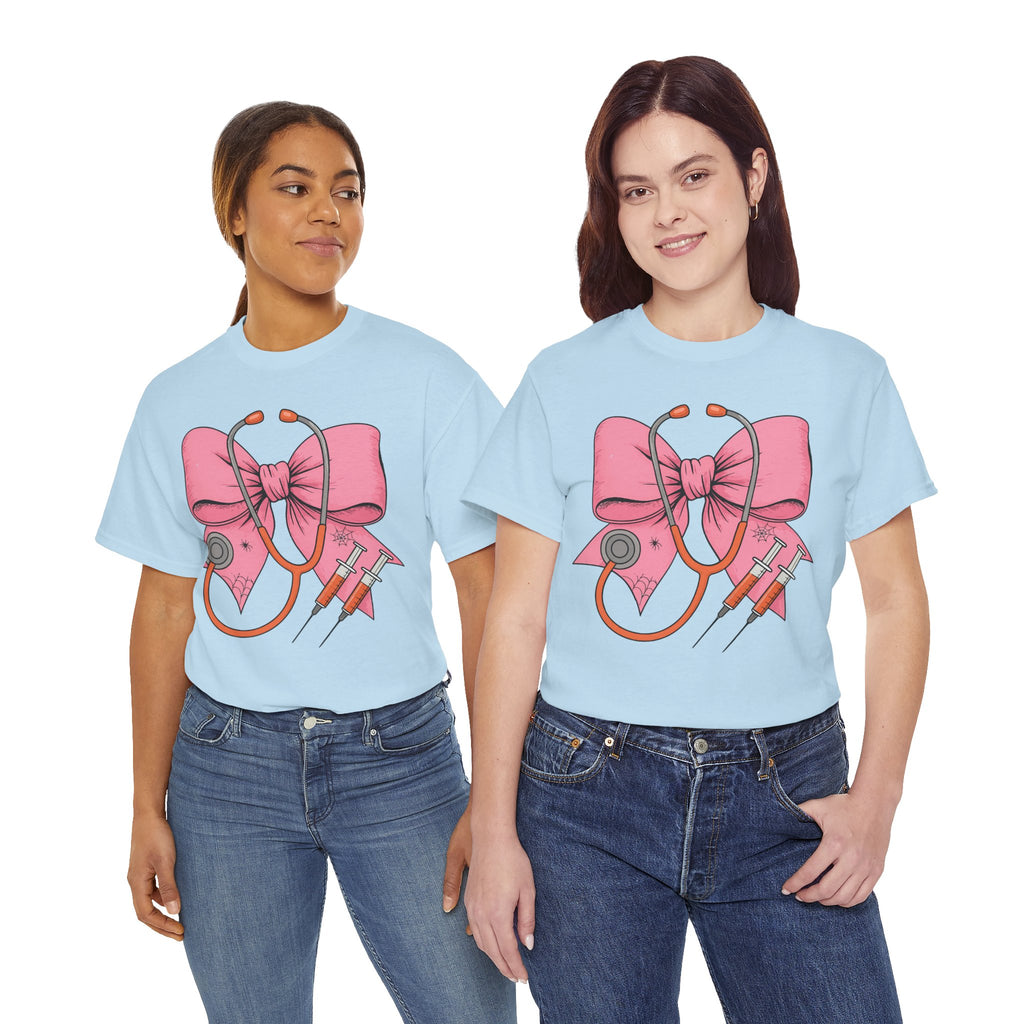 Halloween Nurse T‑Shirt — Pink Nurse Bow with Stethoscope, Syringes & Spider Webs..Unisex Cotton Tee