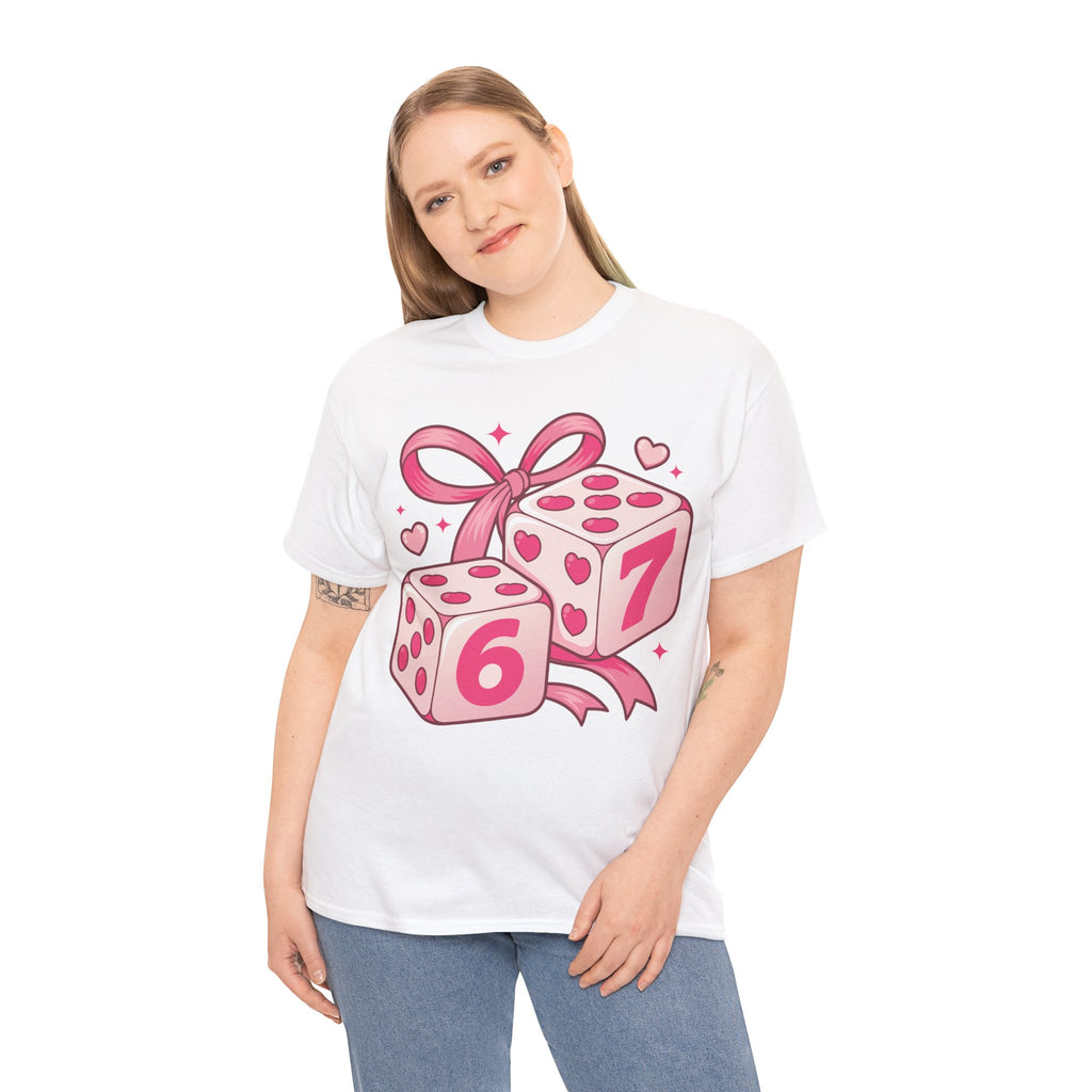 Lucky Love Dice T-Shirt — Pink Heart Dice with Bow..Unisex Cotton Tee