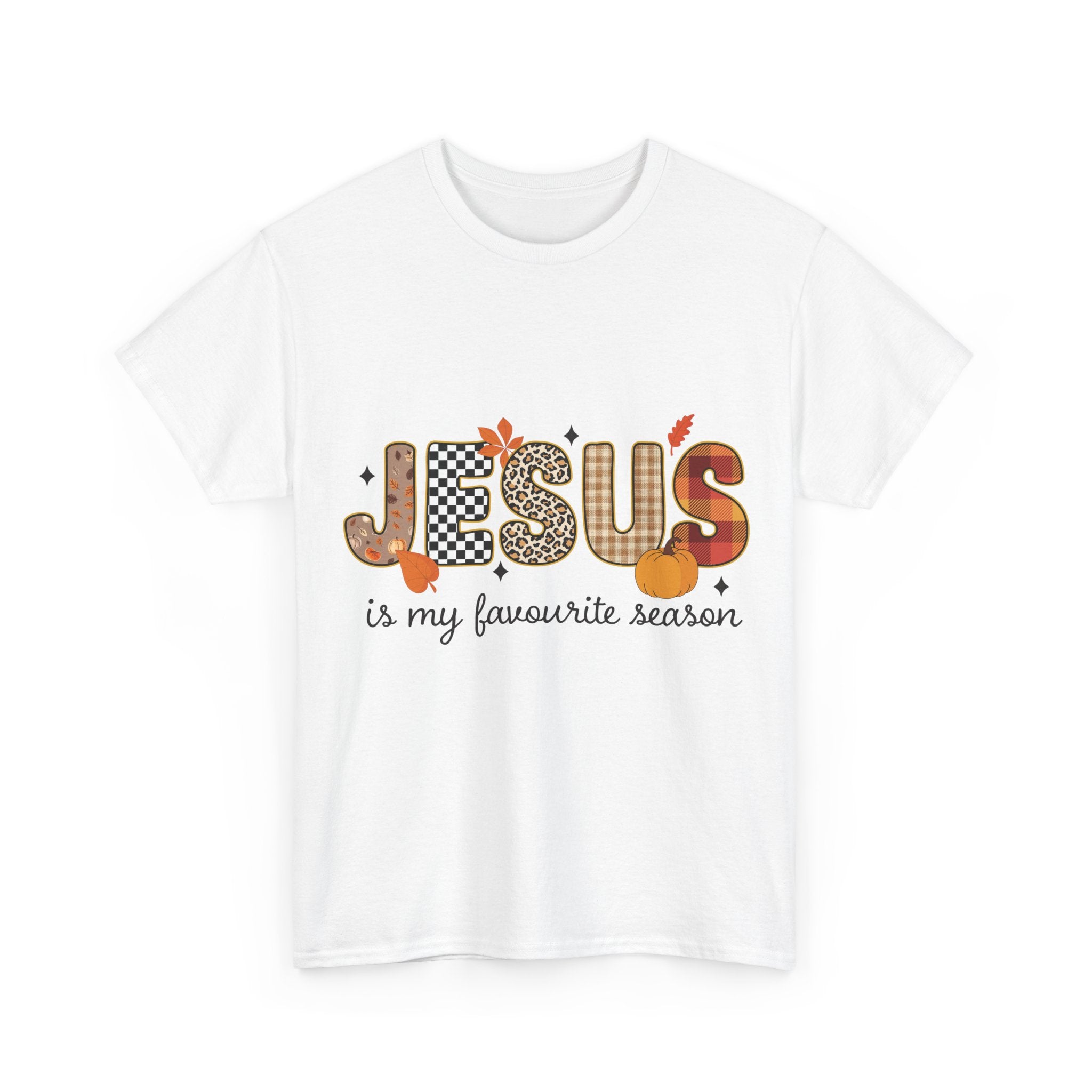 Jesus Is My Favorite Season Tee — Autumn Plaid & Leopard Lettering Unisex Cotton Tee