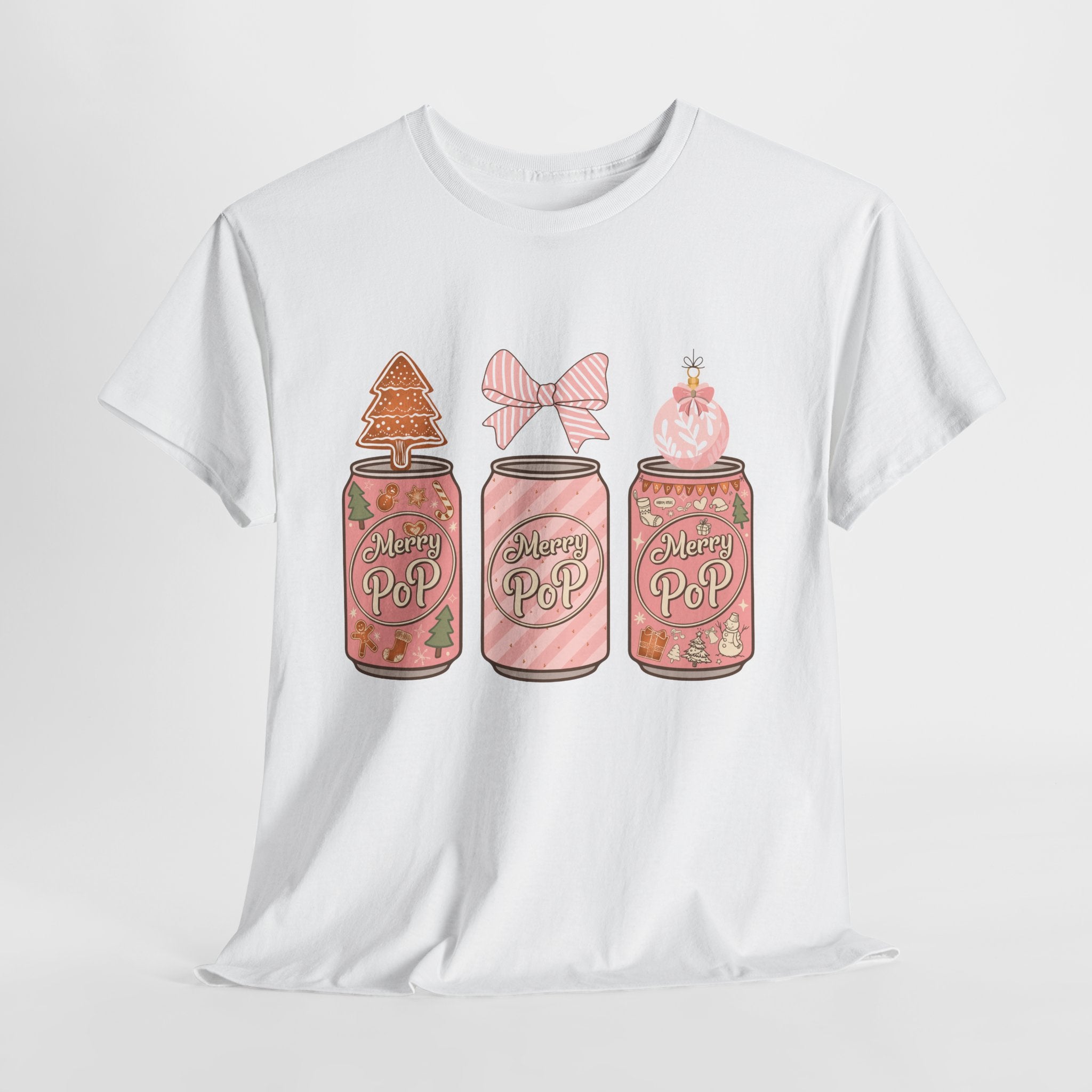 Merry Pop Christmas Soda Can Tee — Pastel Holiday Graphic Unisex Cotton T-Shirt