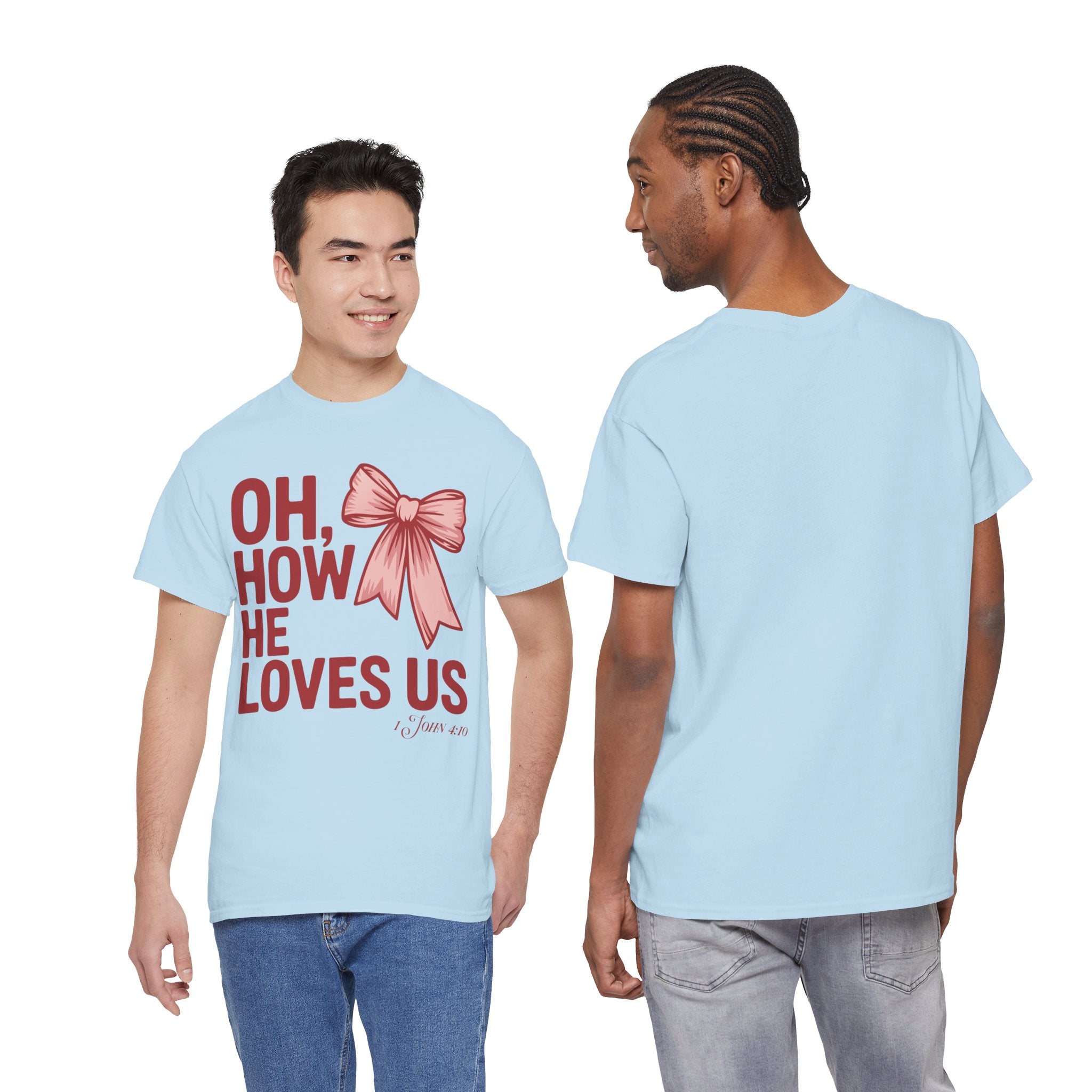 Oh, How He Loves Us Christian Valentine Tee — 1 John 4:10 Red & Pink Unisex Cotton Tee
