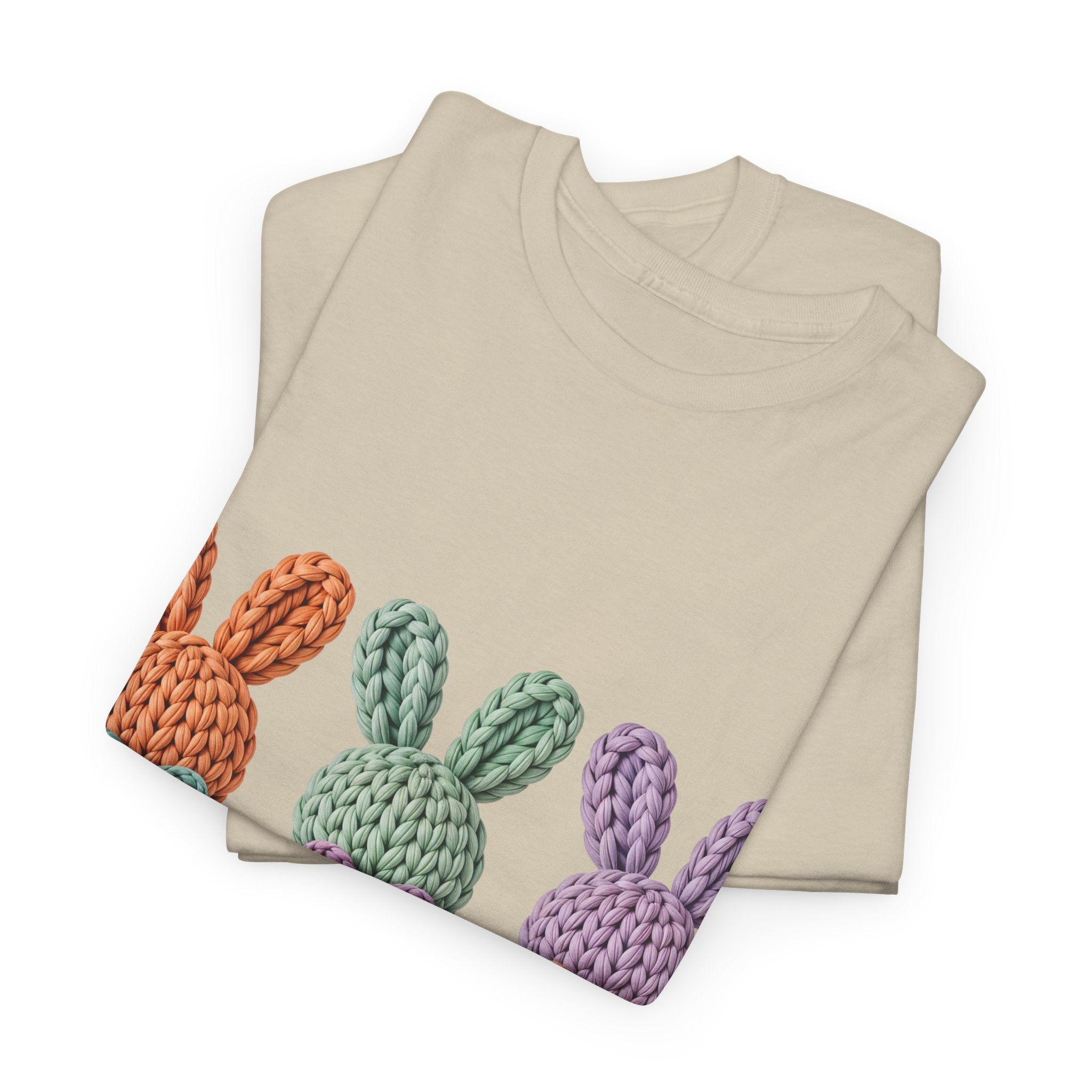 Pastel Crochet Bunny Tee — Trio of Faux Knit Bunnies with Bows & Flowers Unisex Cotton Tee