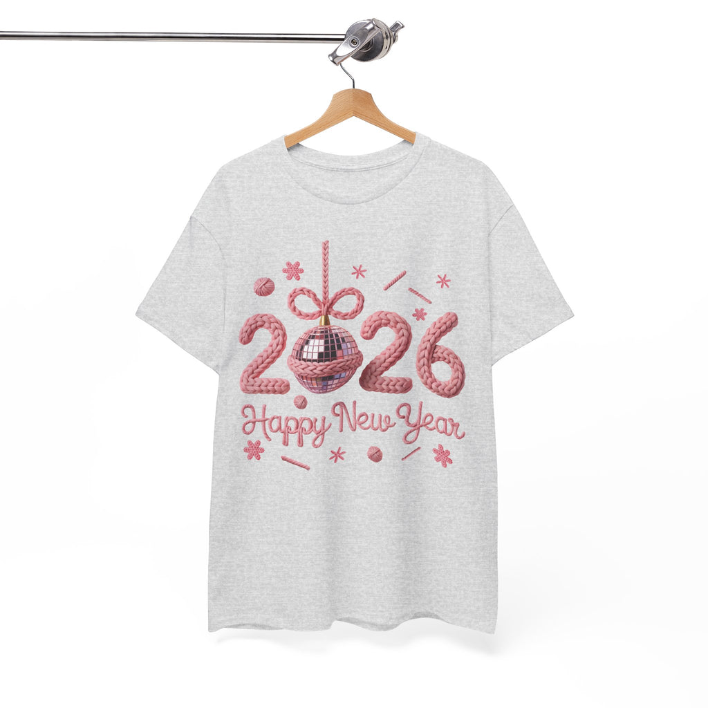 2026 Happy New Year Pink Knitted Disco Ball Unisex Cotton Tee