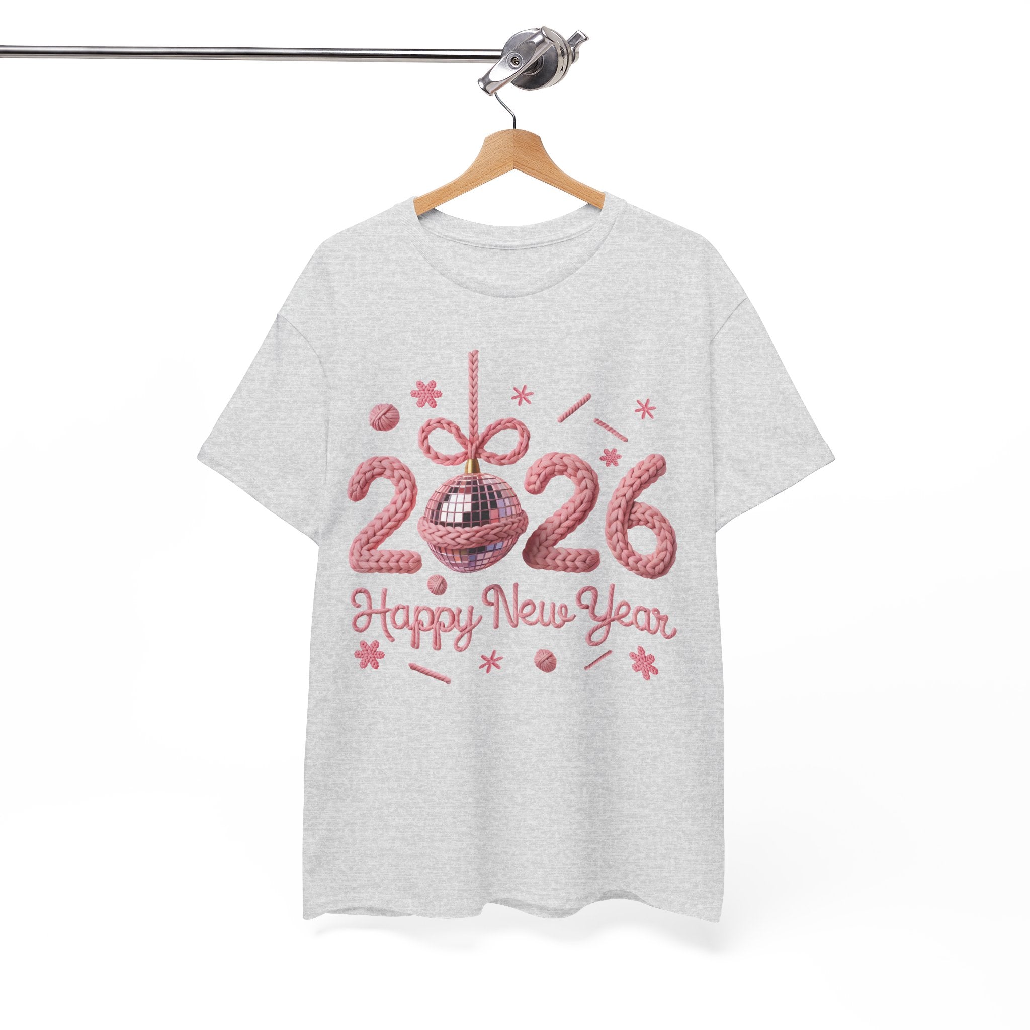 2026 Happy New Year Pink Knitted Disco Ball Unisex Cotton Tee