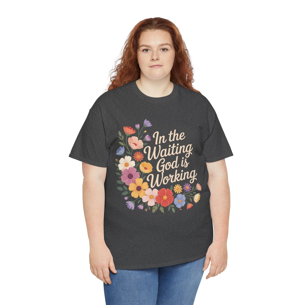 Pastel Floral “In the Waiting God Is Working” Unisex Cotton T-Shirt