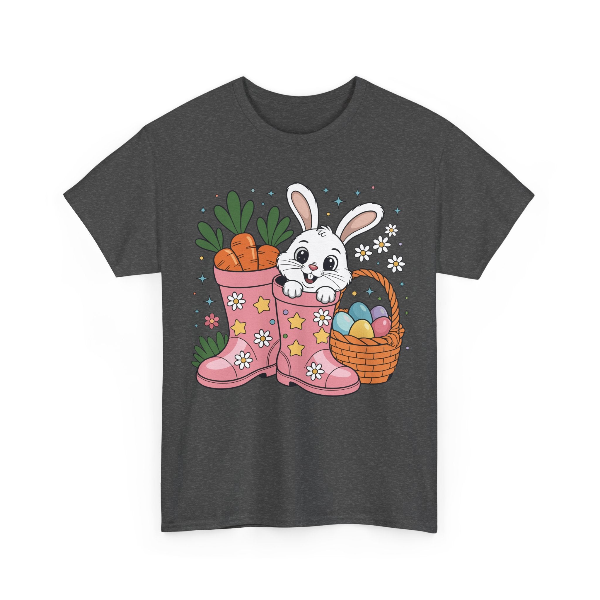 Easter Bunny in Pink Rain Boots T-Shirt — Cartoon Bunny, Carrots & Colorful Eggs Unisex Cotton Tee