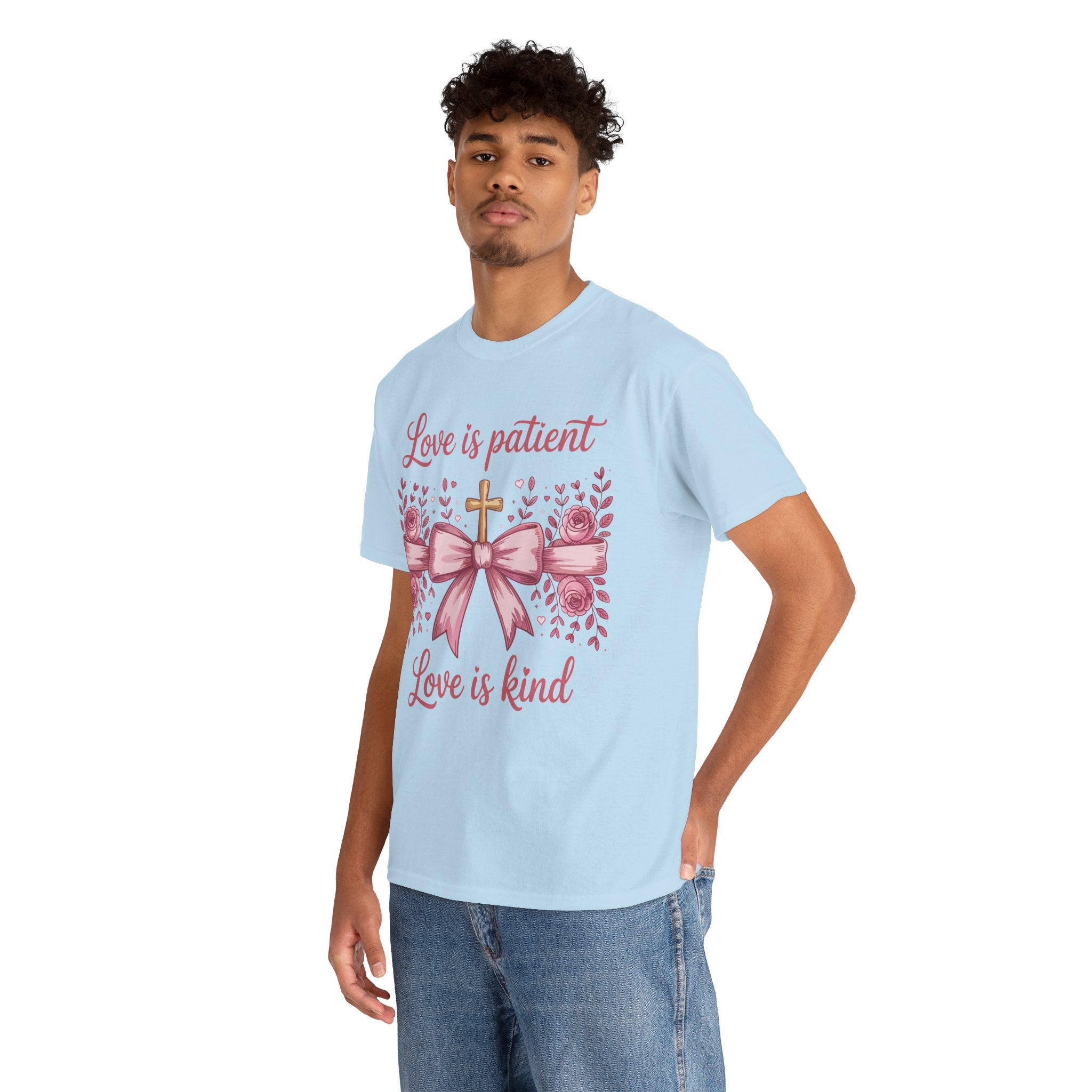Christian Floral Tee — "Love is Patient, Love is Kind" Pink Rose Cross. Unisex Cotton Tee