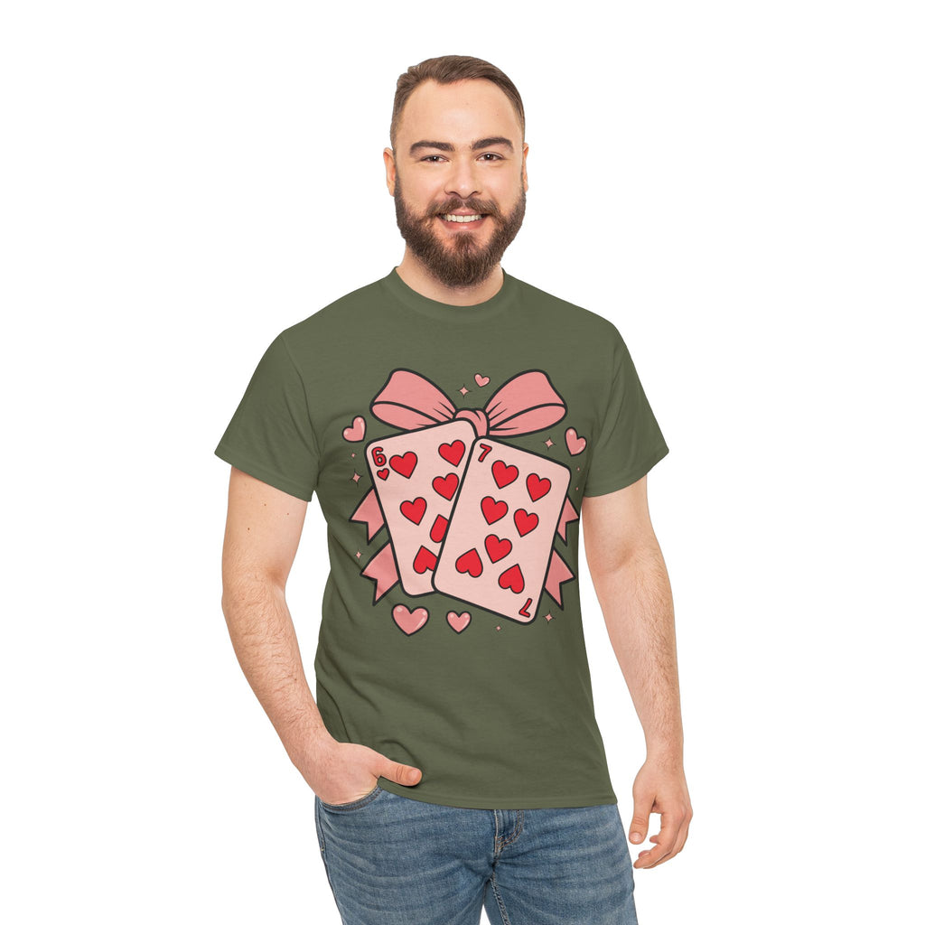 6 & 7 of Hearts T-Shirt — Paired Playing Cards with Pink Bow Unisex Cotton Tee