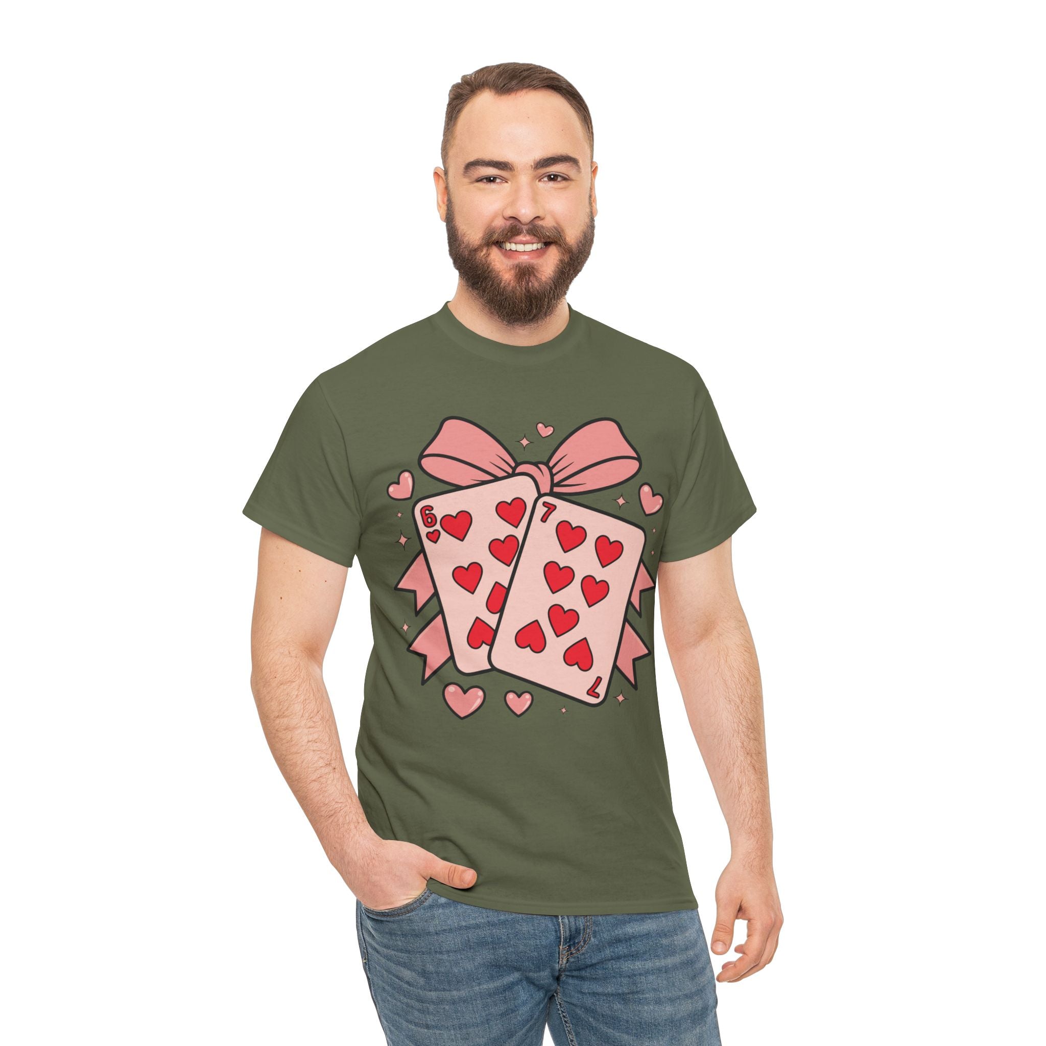 6 & 7 of Hearts T-Shirt — Paired Playing Cards with Pink Bow Unisex Cotton Tee