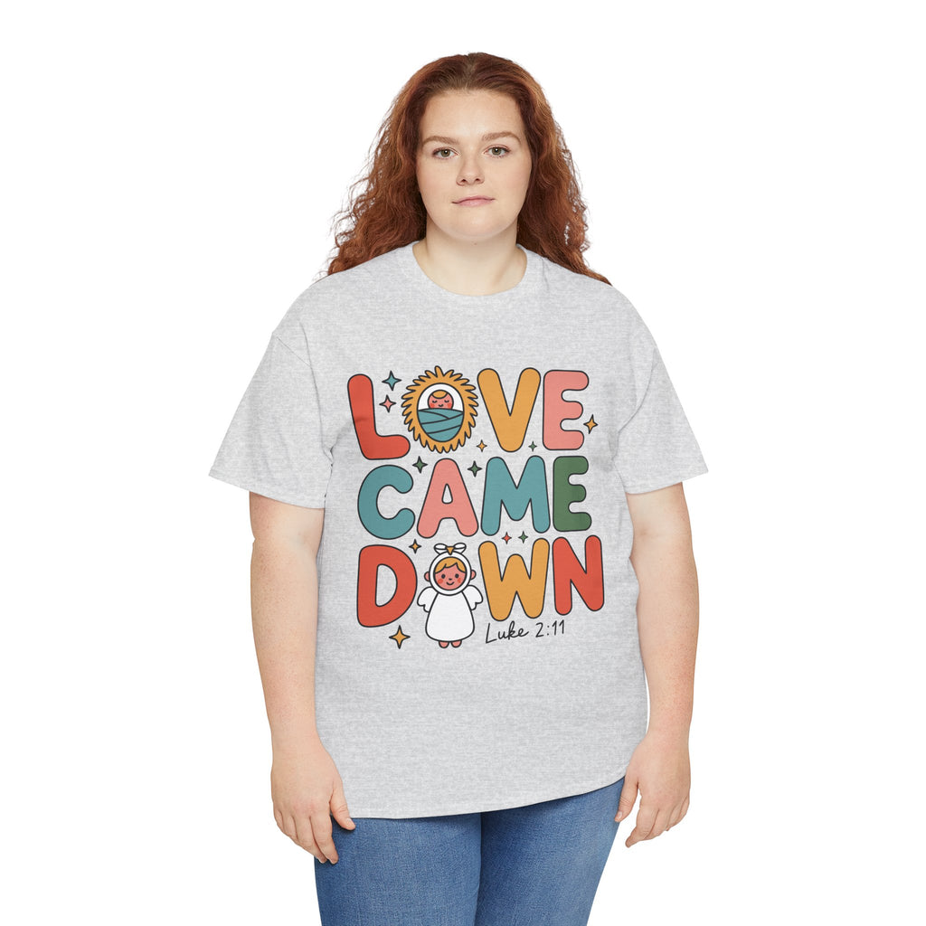 Love Came Down Christmas Tee — Baby Jesus Manger Angel (Luke 2:11)..Unisex Cotton Tee