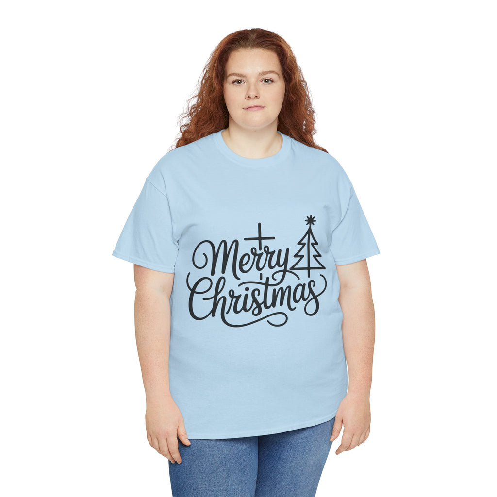 Merry Christmas Script T-Shirt with Cross & Tree(Unisex Cotton Tee)