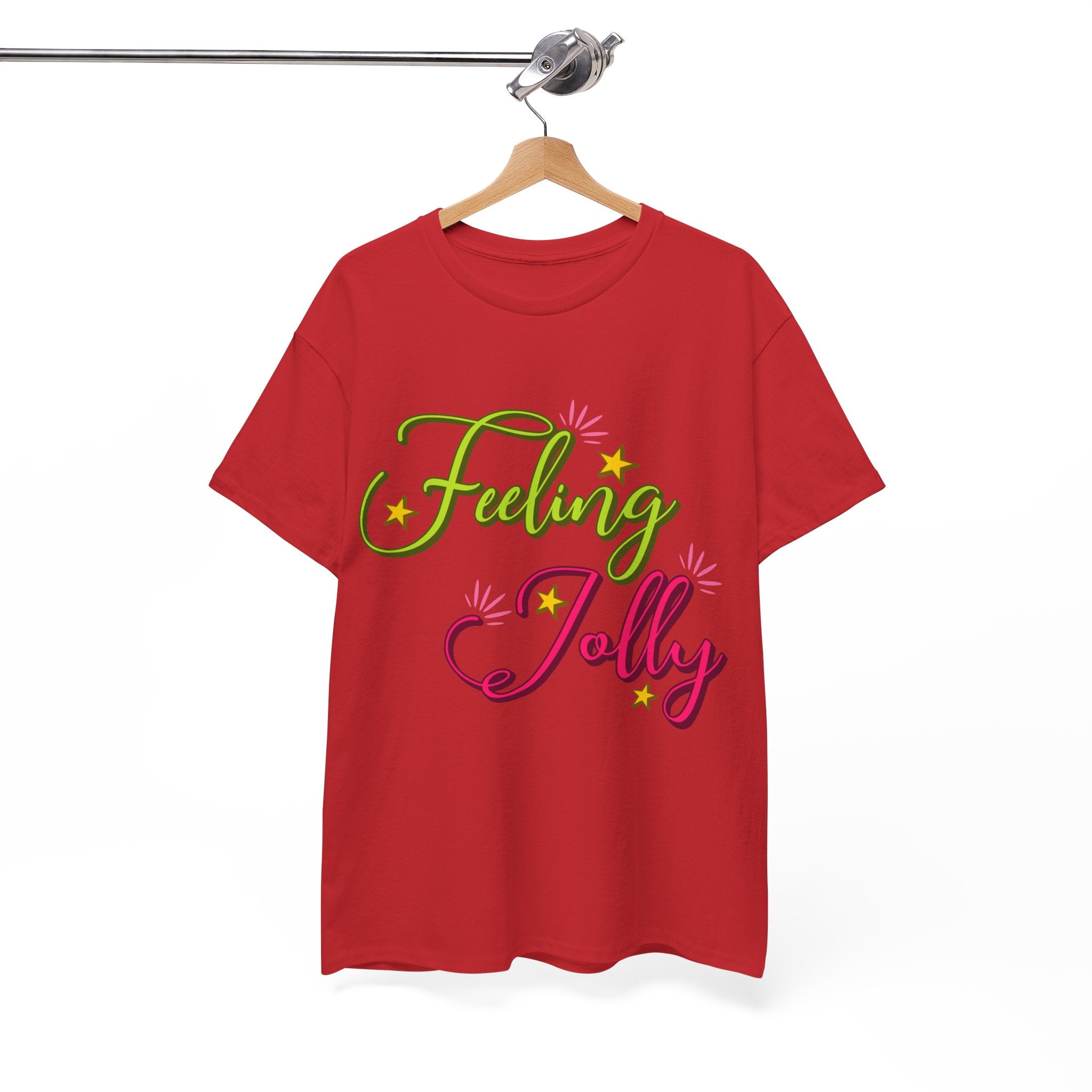 Feeling Jolly Tee — Festive Green & Pink Script with Yellow Stars Unisex Cotton Tee