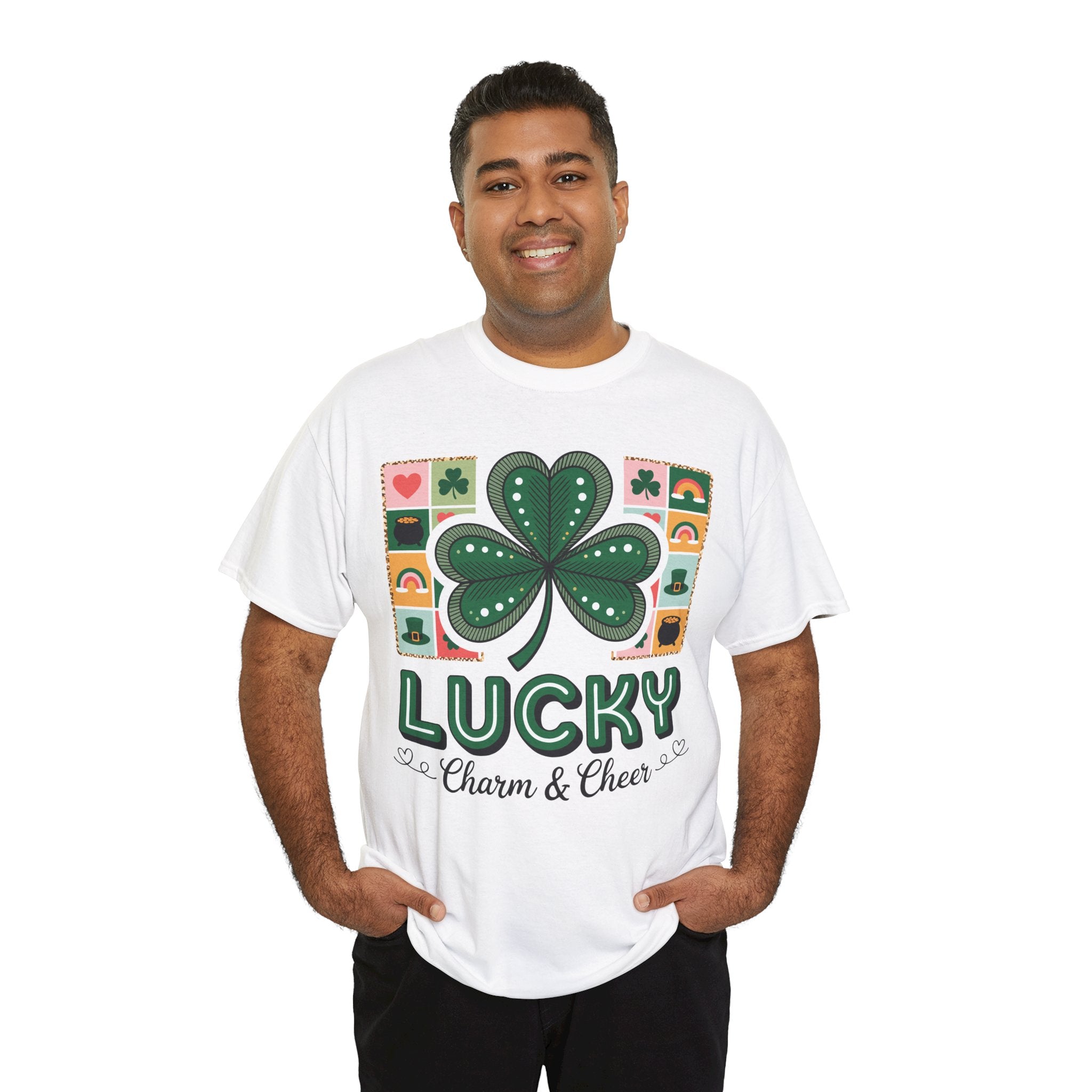 Lucky Charm & Cheer Clover Tee — Patchwork St. Patrick’s Day Unisex Cotton T-Shirt
