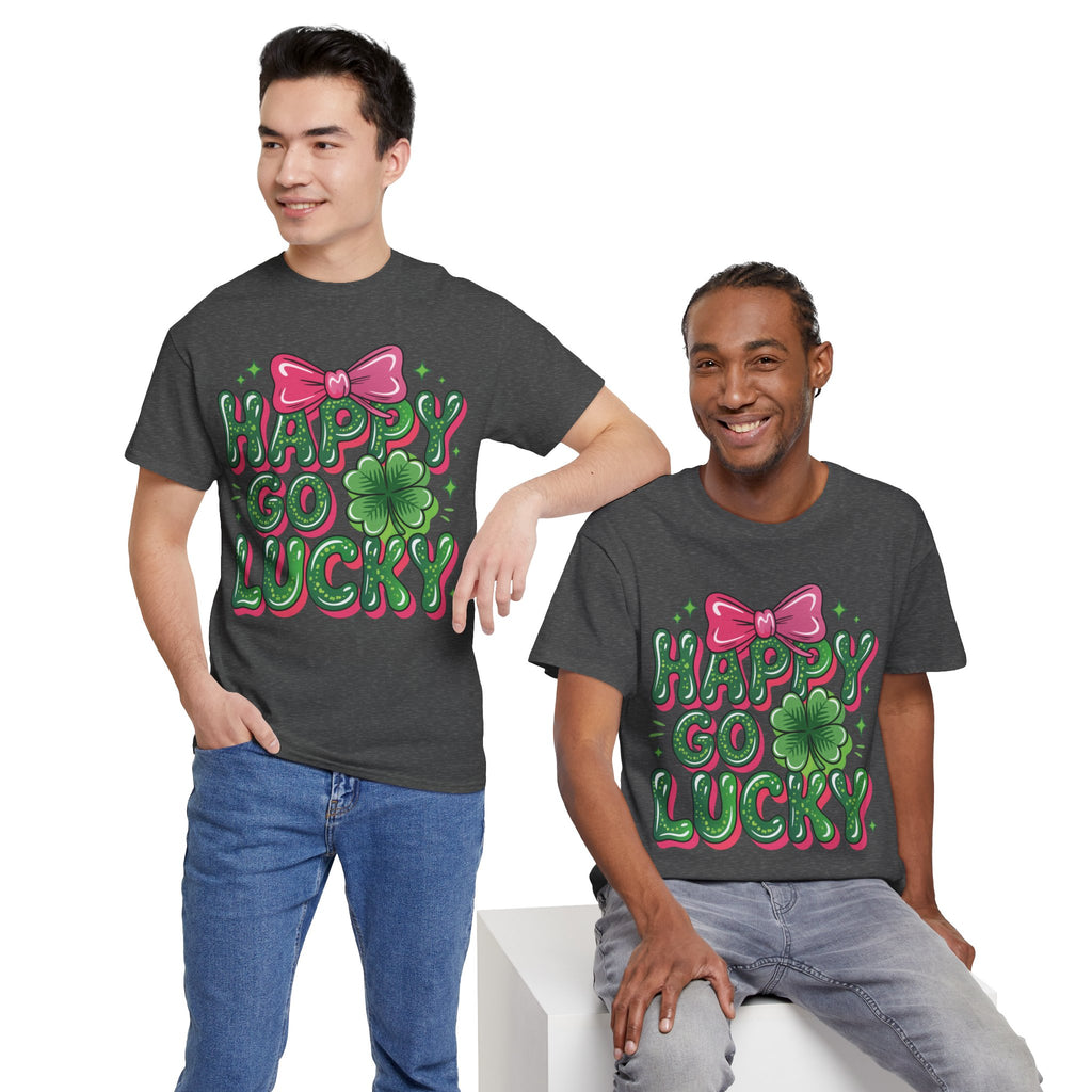 Happy Go Lucky Four-Leaf Clover Tee — Glossy Green Letters & Pink Bow Unisex Cotton Tee