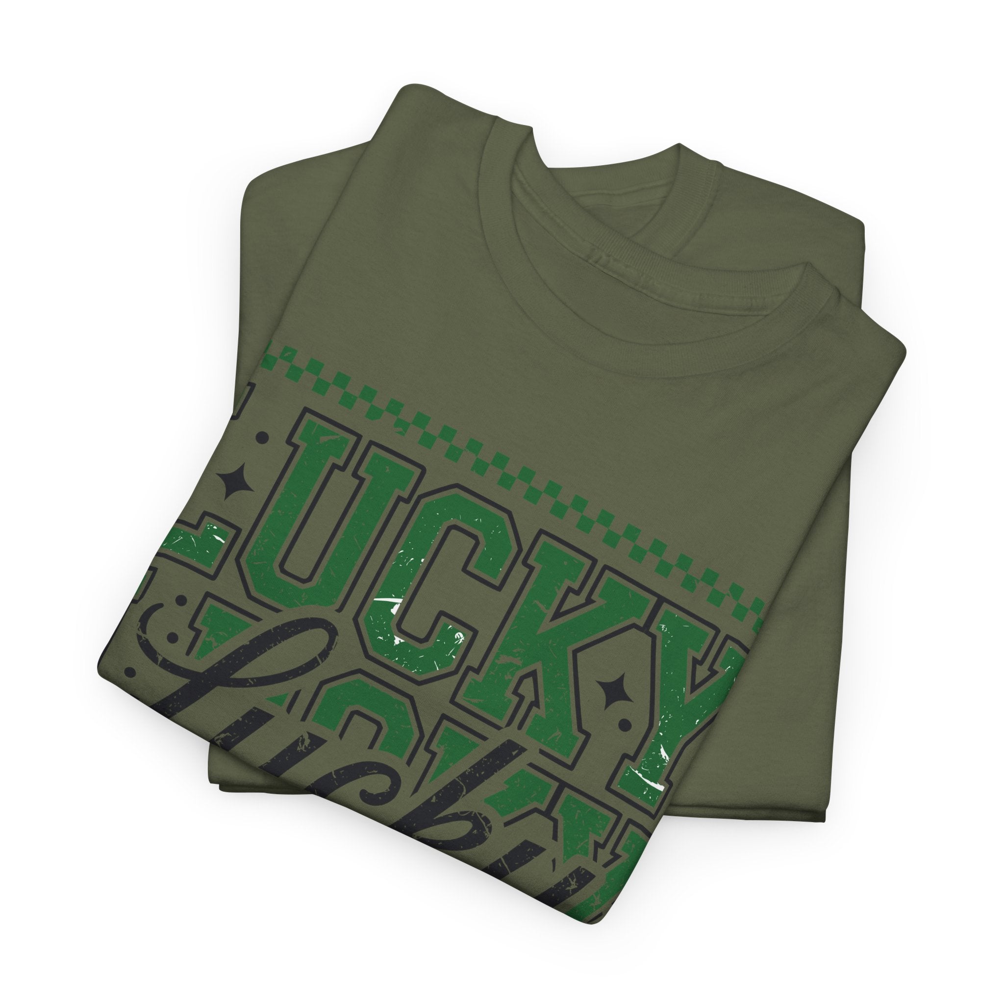 Lucky Varsity Tee — Layered Green ‘Lucky’ Graphic Unisex Cotton Tee