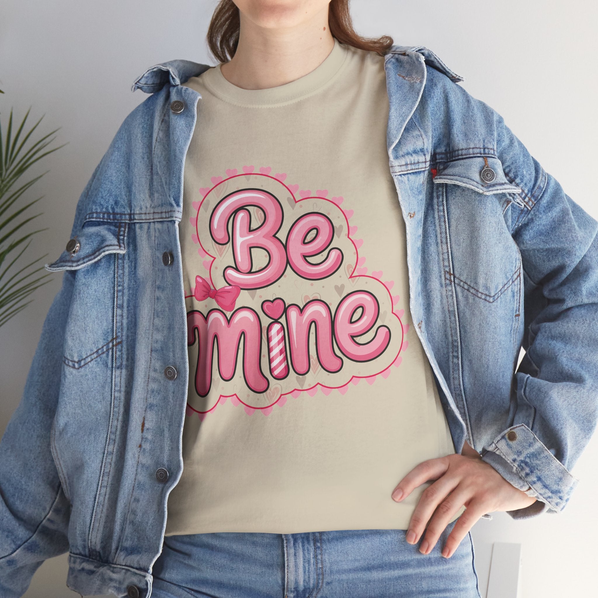Be Mine Valentine T-Shirt — Pink Bubble Letters with Hearts & Bow..Unisex Cotton Tee