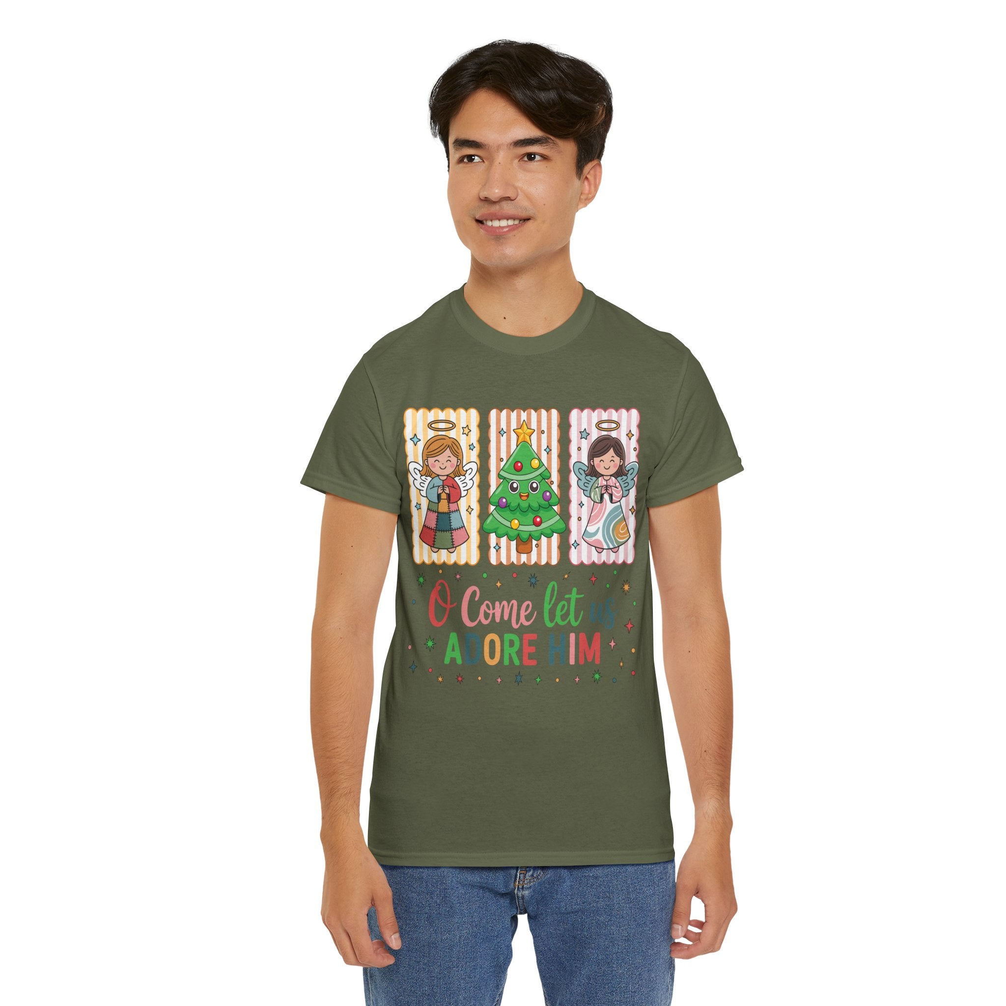 O Come Let Us Adore Him Christmas Tee — Smiling Angels & Happy Tree..Unisex Cotton Tee
