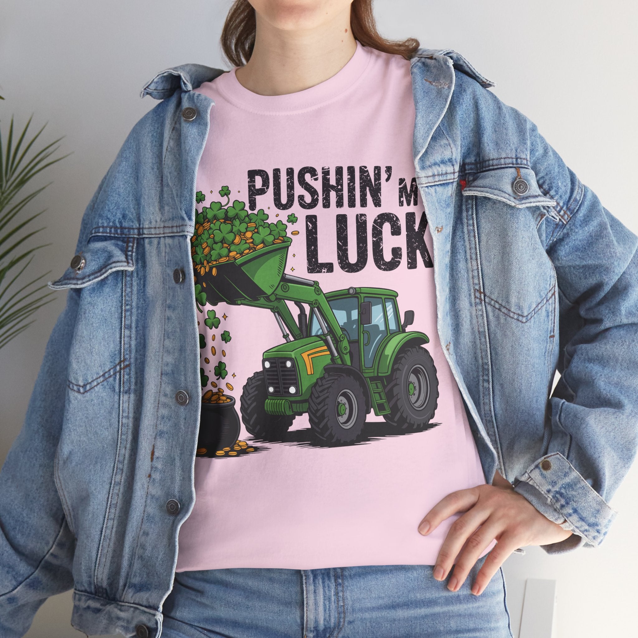 Pushin' My Luck Shamrock Tractor Tee — St. Patrick's Day Unisex Cotton T-Shirt