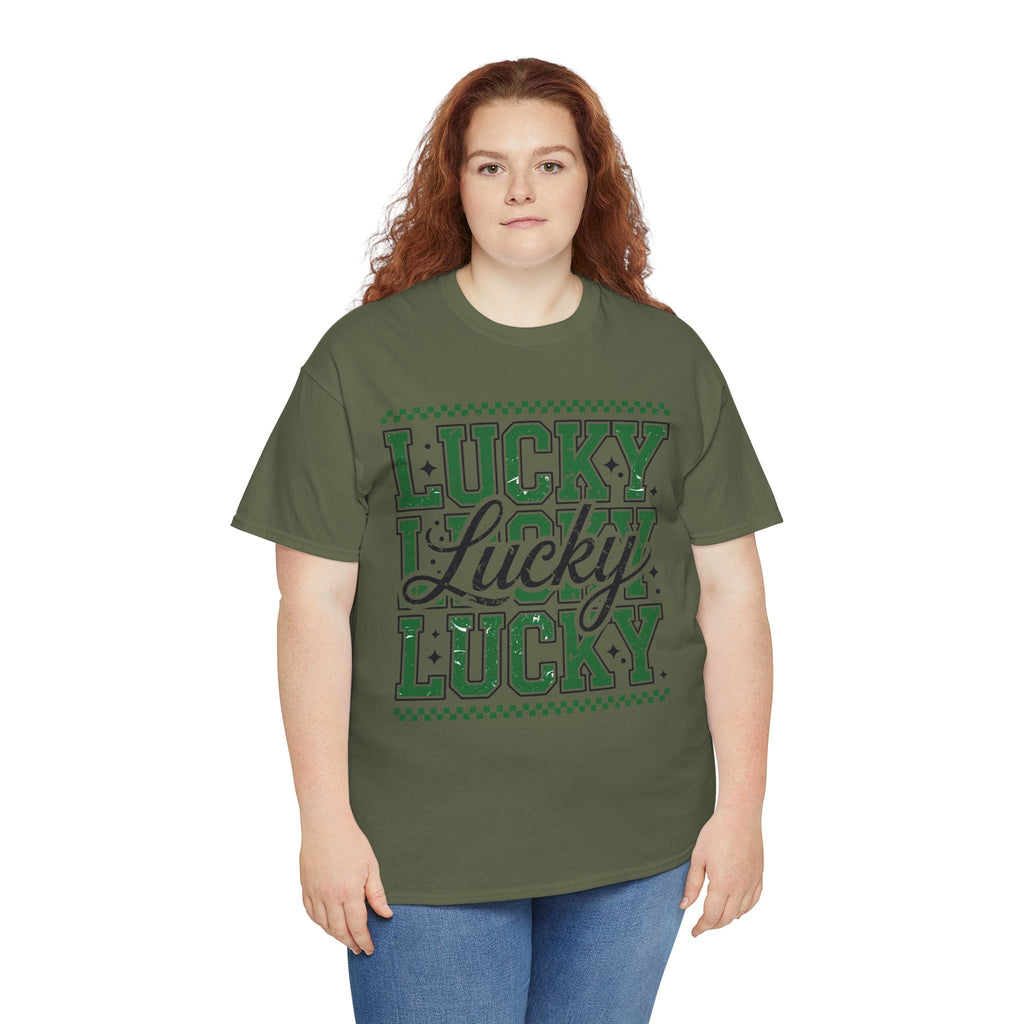 Lucky Varsity Tee — Layered Green ‘Lucky’ Graphic Unisex Cotton Tee