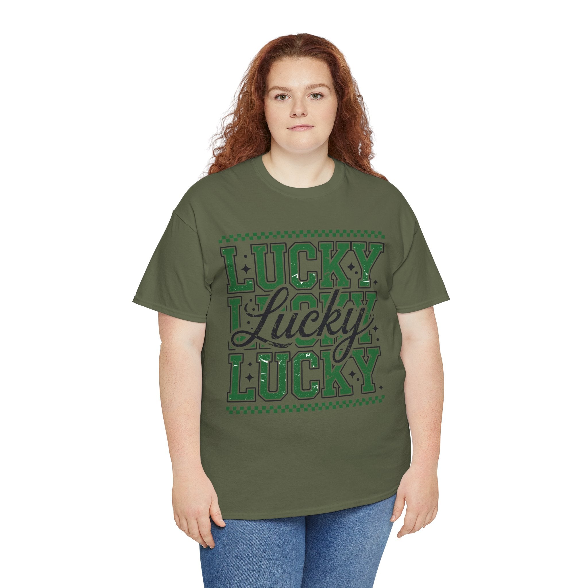 Lucky Varsity Tee — Layered Green ‘Lucky’ Graphic Unisex Cotton Tee