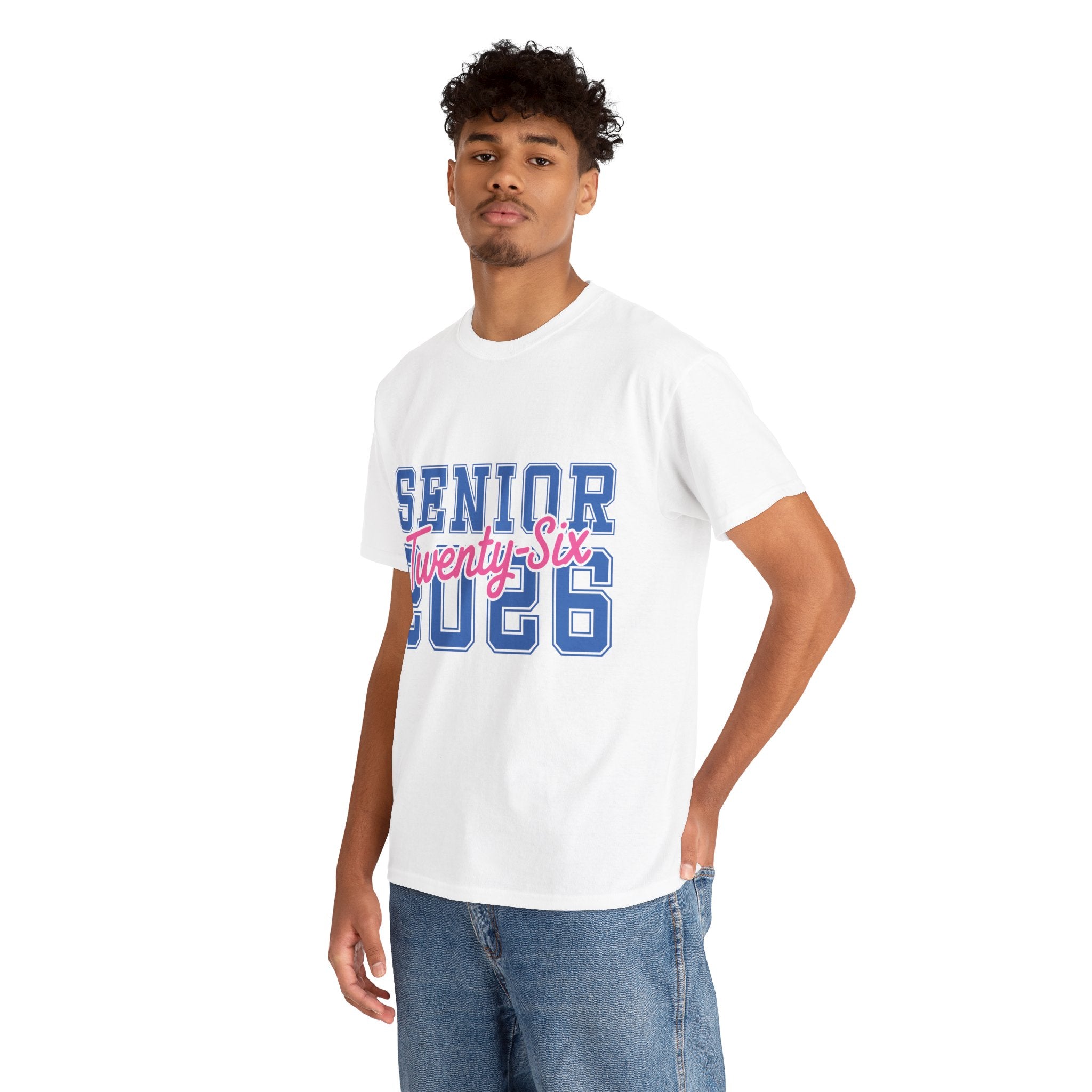 Senior 2026 Tee — Pink Varsity Block with Blue Script Overlay Unisex Cotton Tee