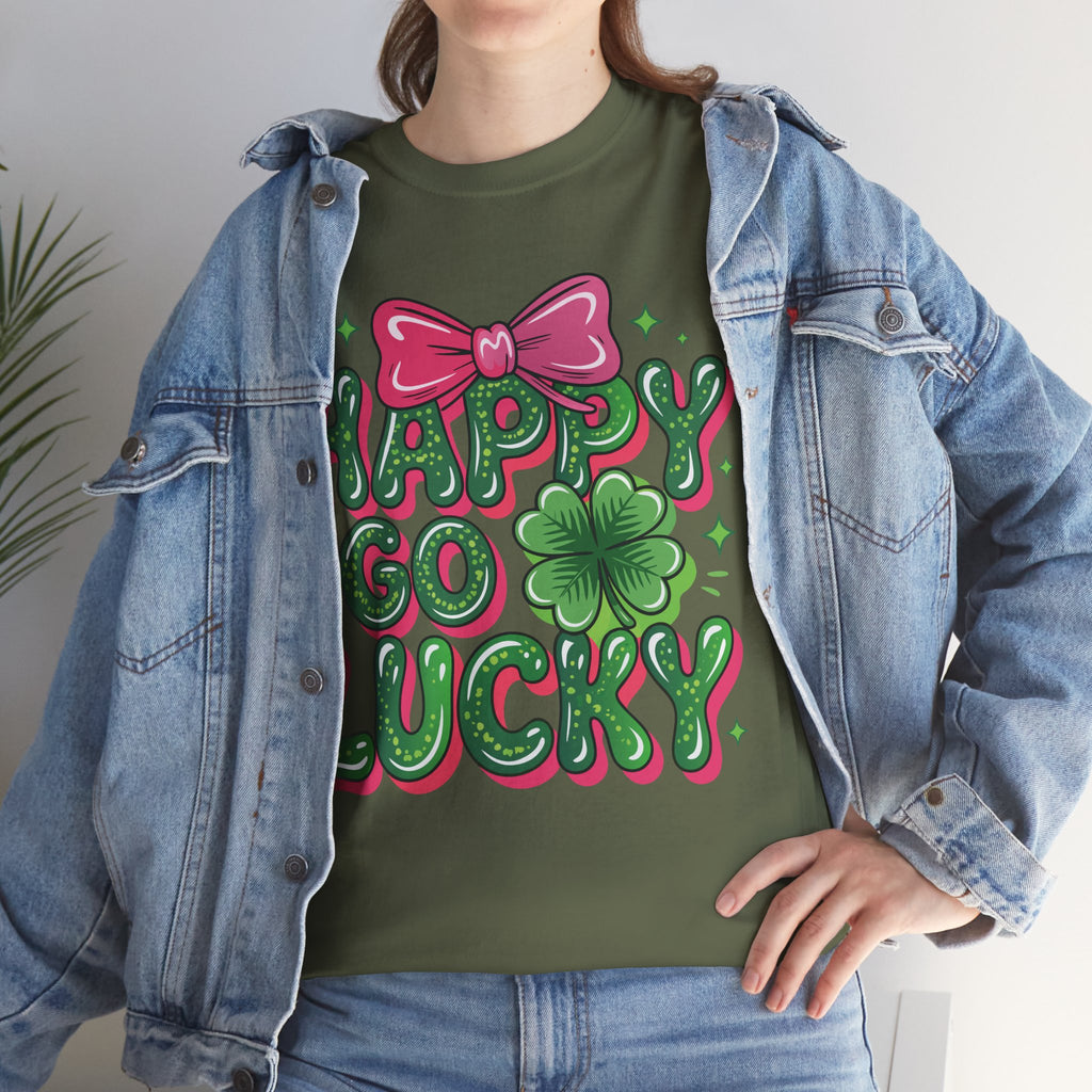 Happy Go Lucky Four-Leaf Clover Tee — Glossy Green Letters & Pink Bow Unisex Cotton Tee