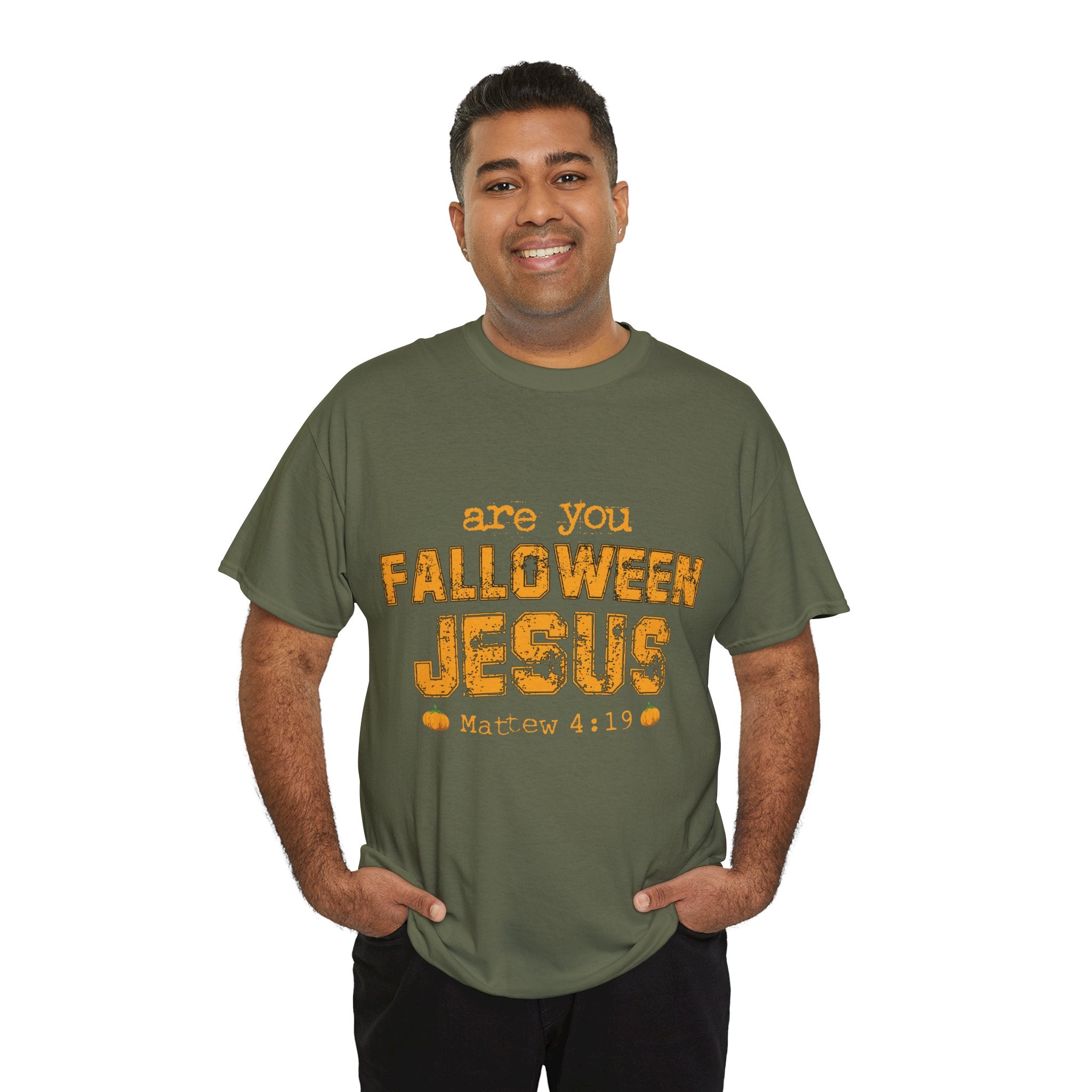Christian Halloween T-Shirt — “Are You Falloween Jesus? Matthew 4:19” Distressed Pumpkin Design. Unisex Cotton Tee