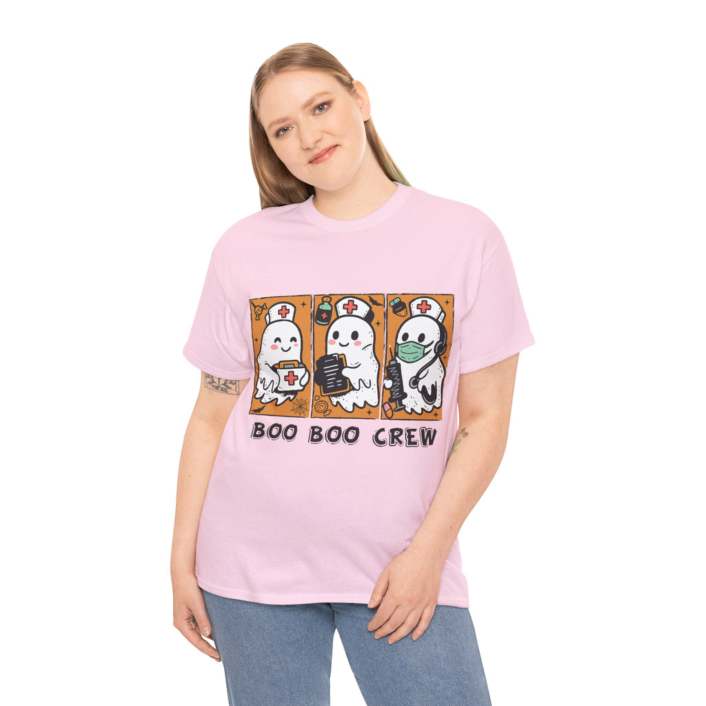 Halloween Nurse T-Shirt — Ghost Nurses Holding Medical Tools on Orange Unisec Cotton Tee