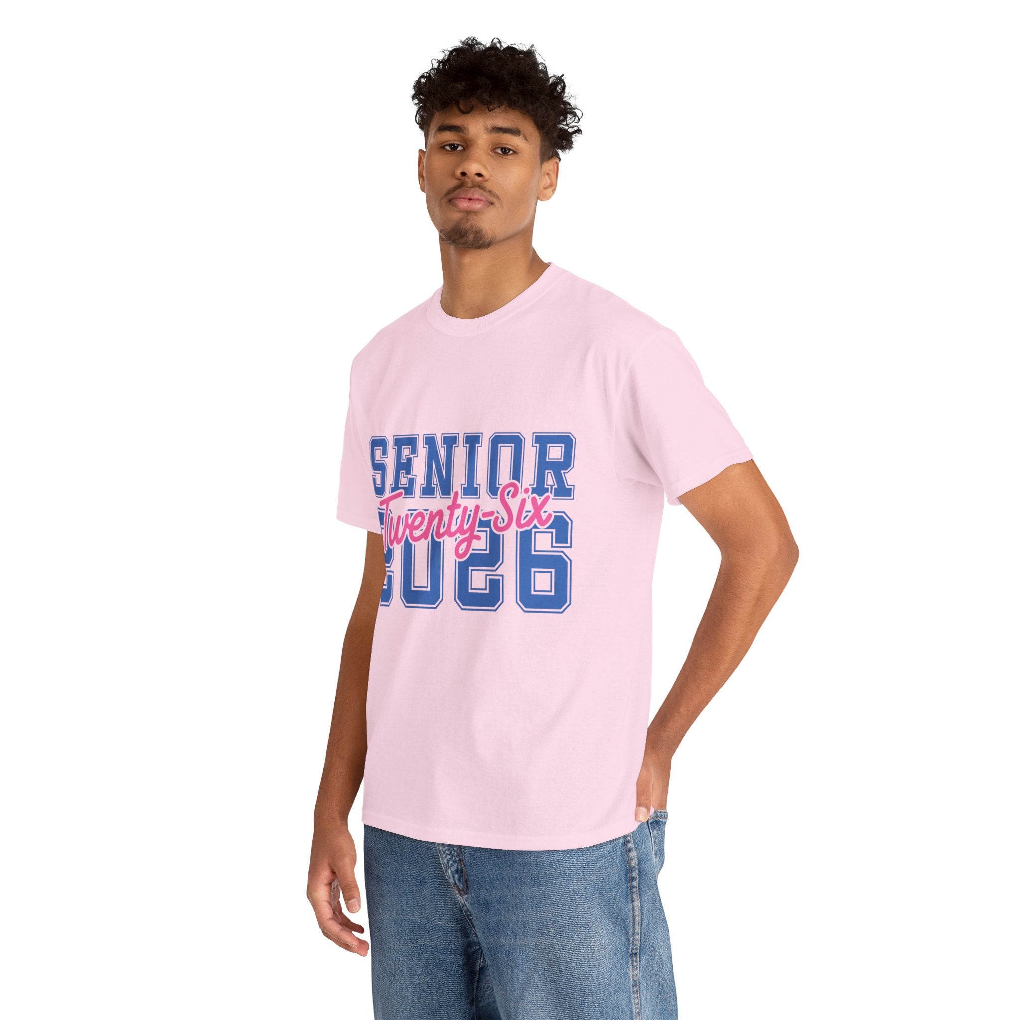 Senior 2026 Tee — Pink Varsity Block with Blue Script Overlay Unisex Cotton Tee