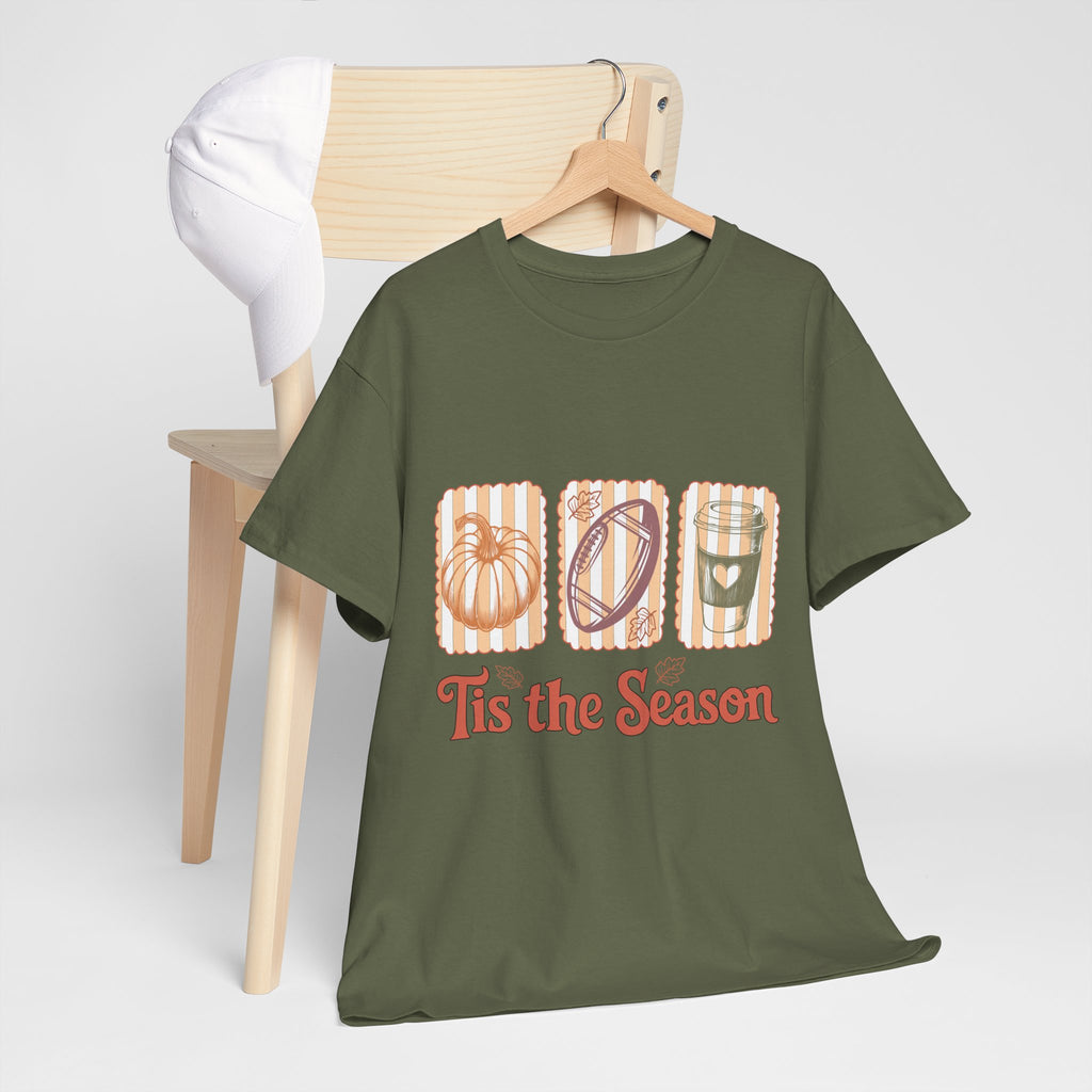 Tis the Season Pumpkin, Football & Coffee Fall Unisex Cotton T-Shirt