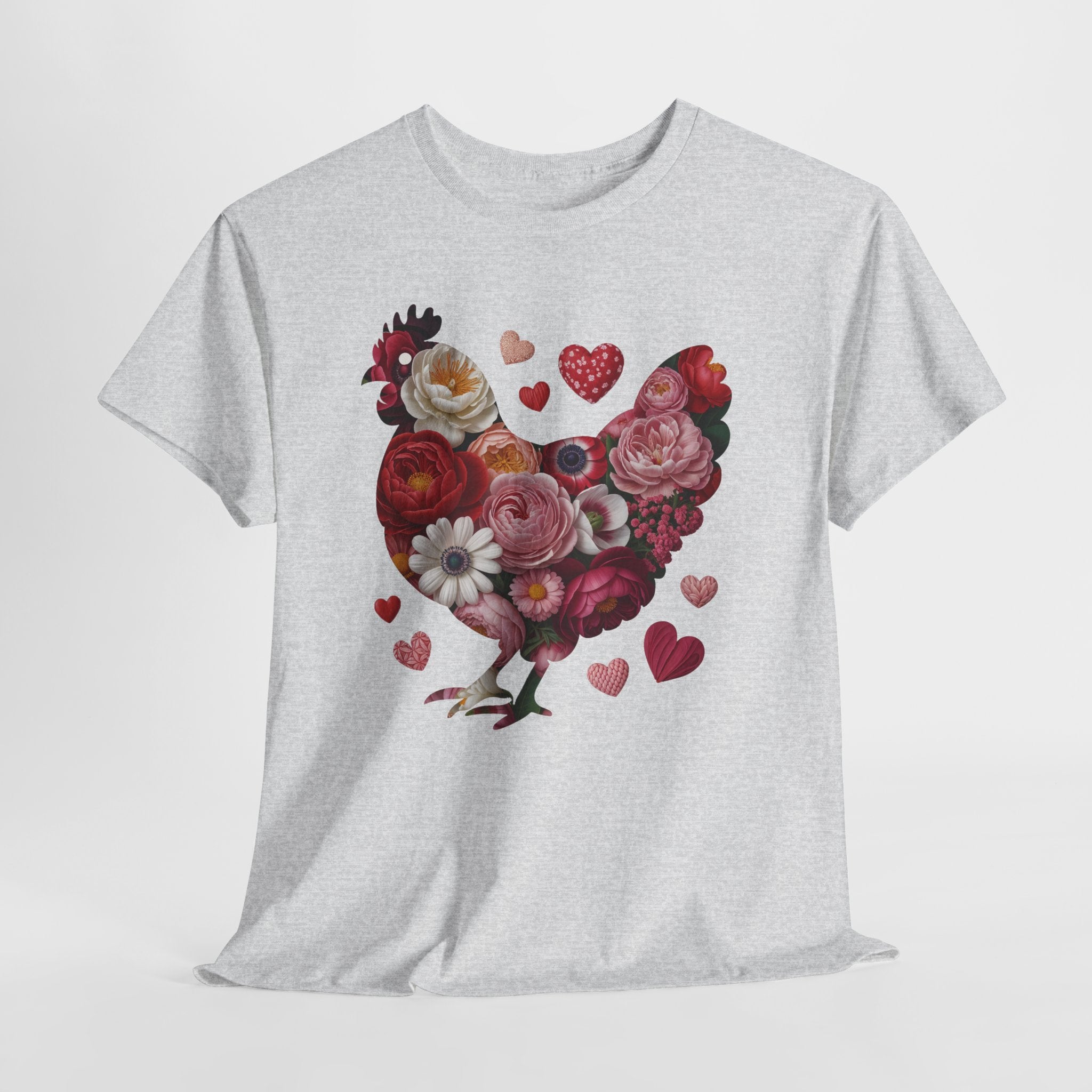 Floral Chicken Heart Tee — Red & Pink Flower Silhouette Unisex Cotton Tee