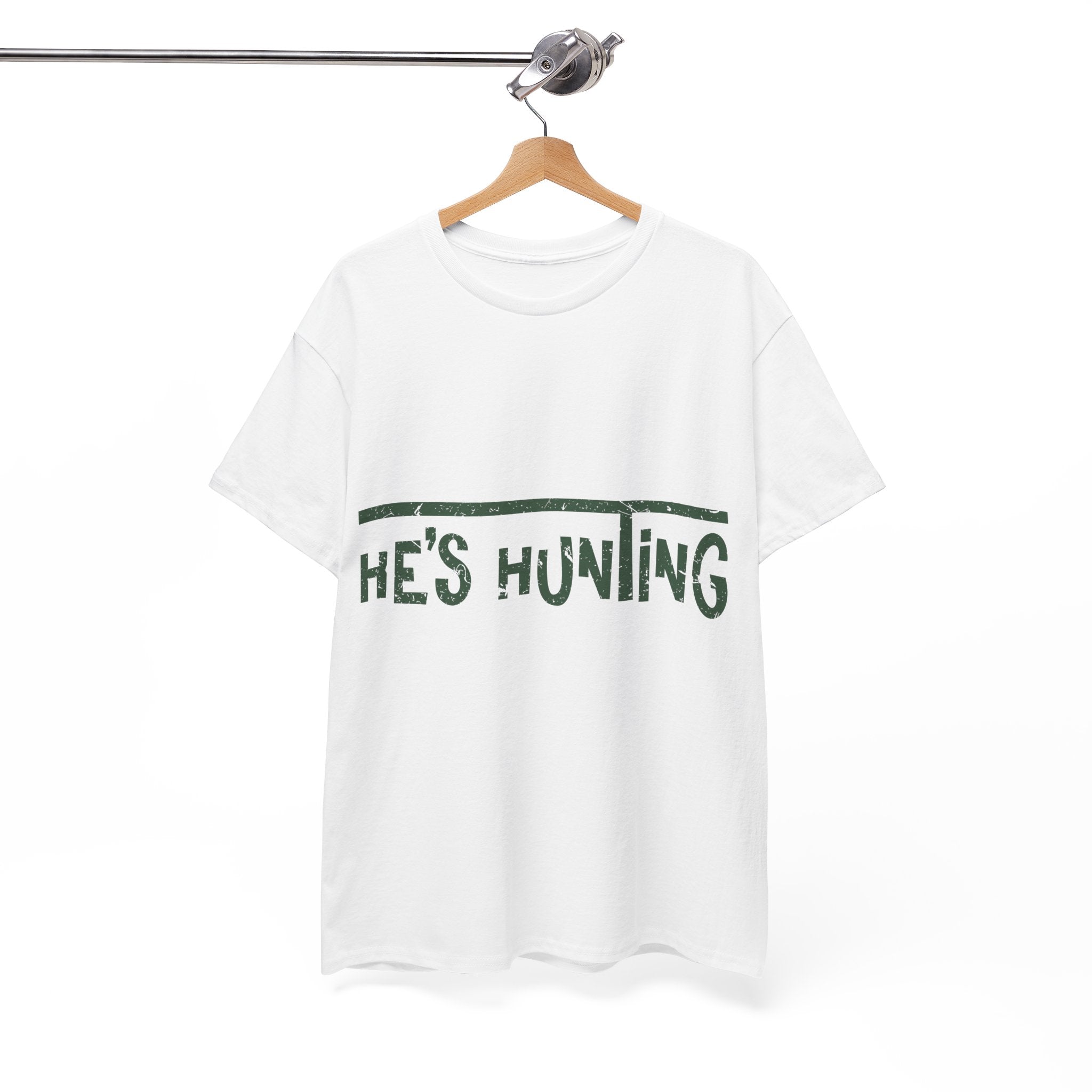 He’s Hunting Distressed Tee — Minimalist Tan Hunting Unisex Cotton Tshirt
