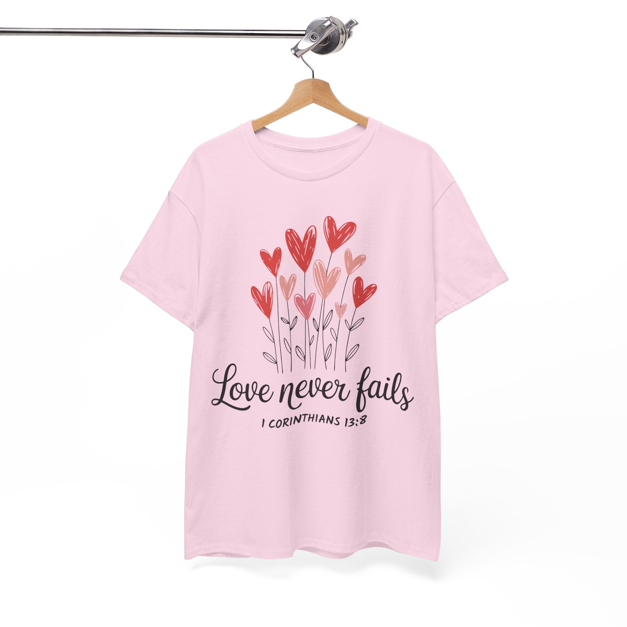 Christian Valentine T-Shirt — "Love Never Fails" (1 Corinthians 13:8) Unisex Cotton Tee