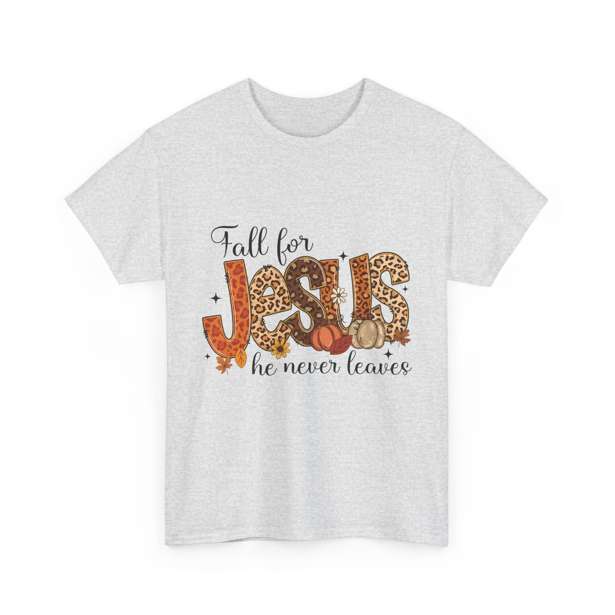 JESUS Leopard Print Fall T-Shirt — Pumpkins, Leaves & Floral Christian Unisex Cotton Tee