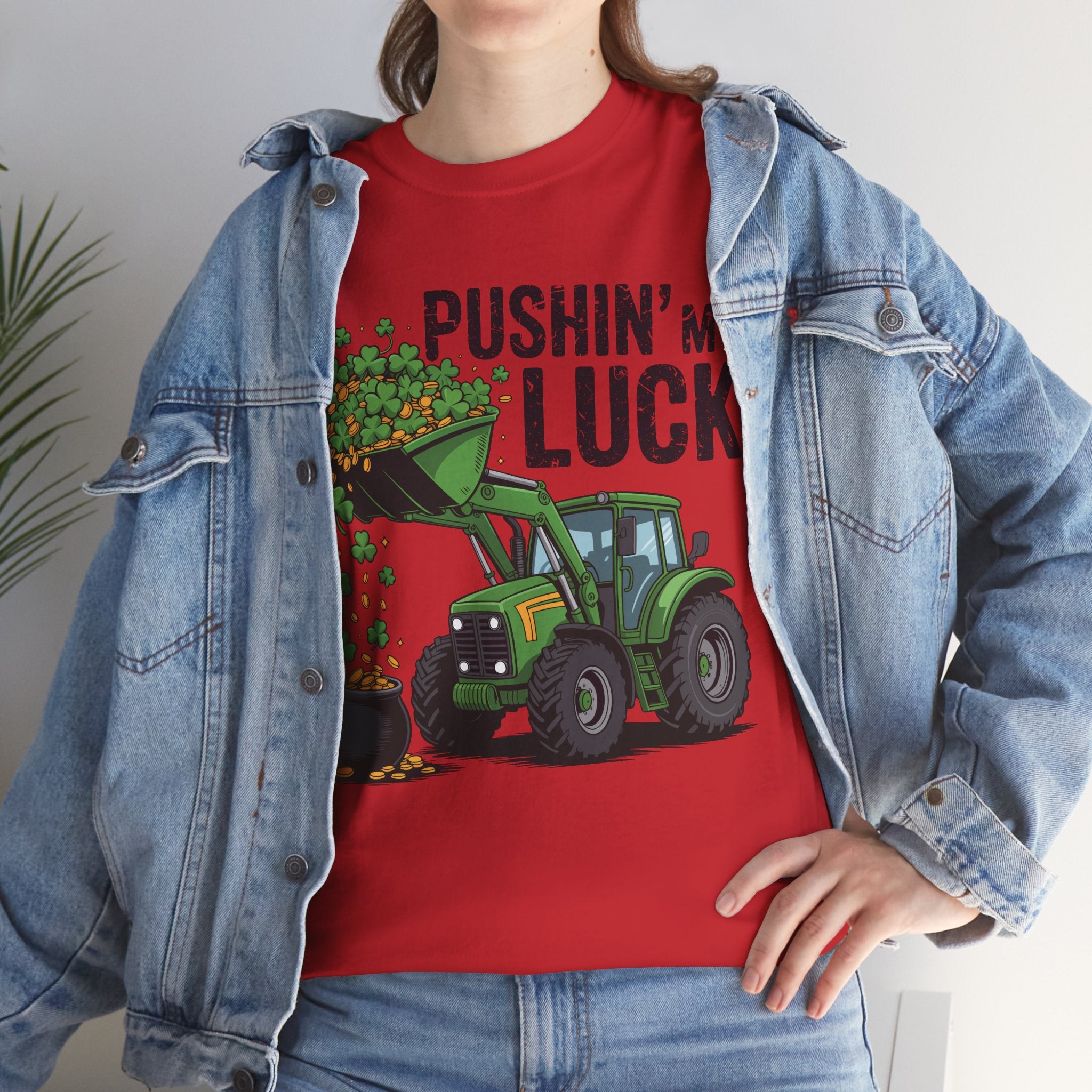 Pushin' My Luck Shamrock Tractor Tee — St. Patrick's Day Unisex Cotton T-Shirt