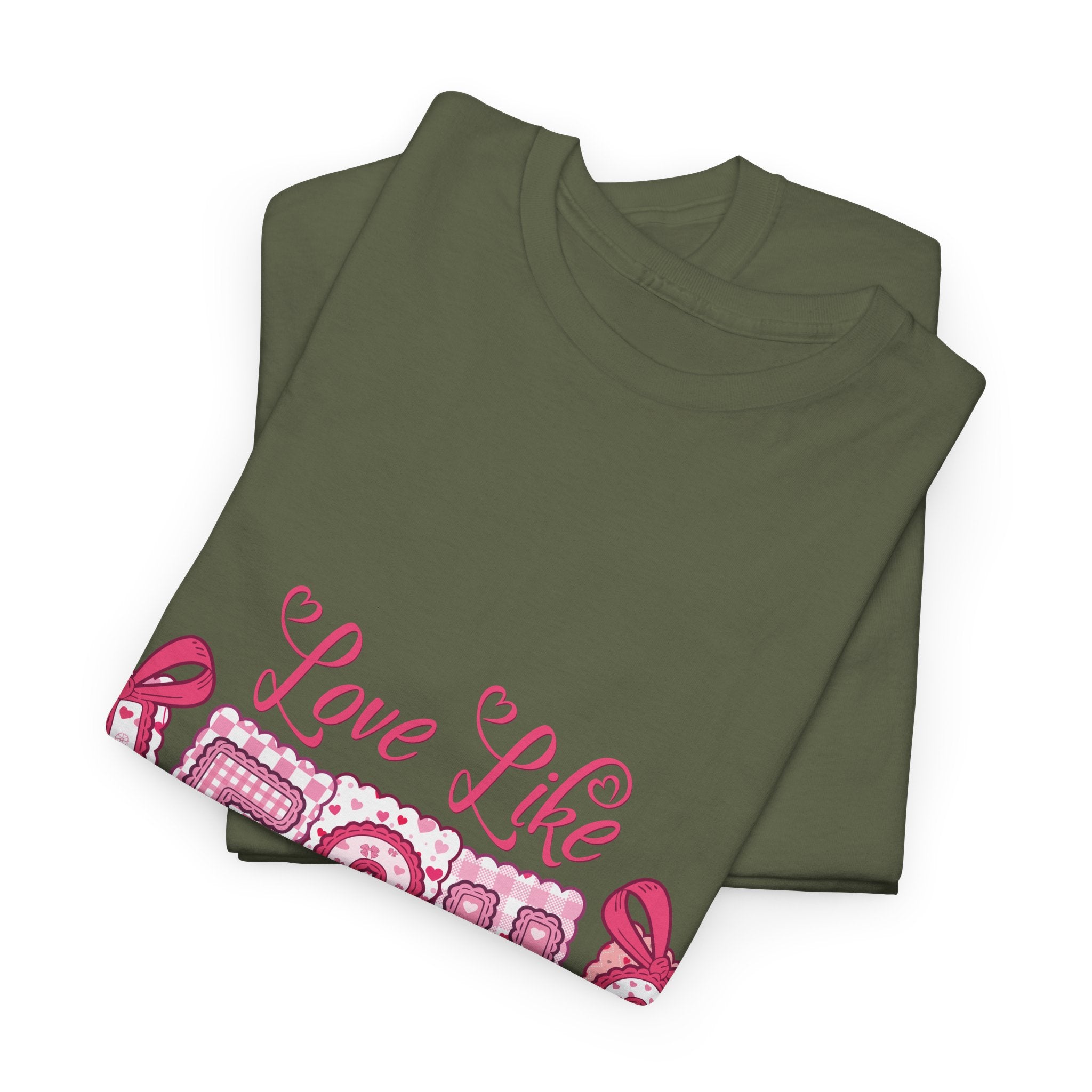 Love Like Jesus Patchwork Tee — Pink Stitched Heart Graphic.Unisex Cotton Tee