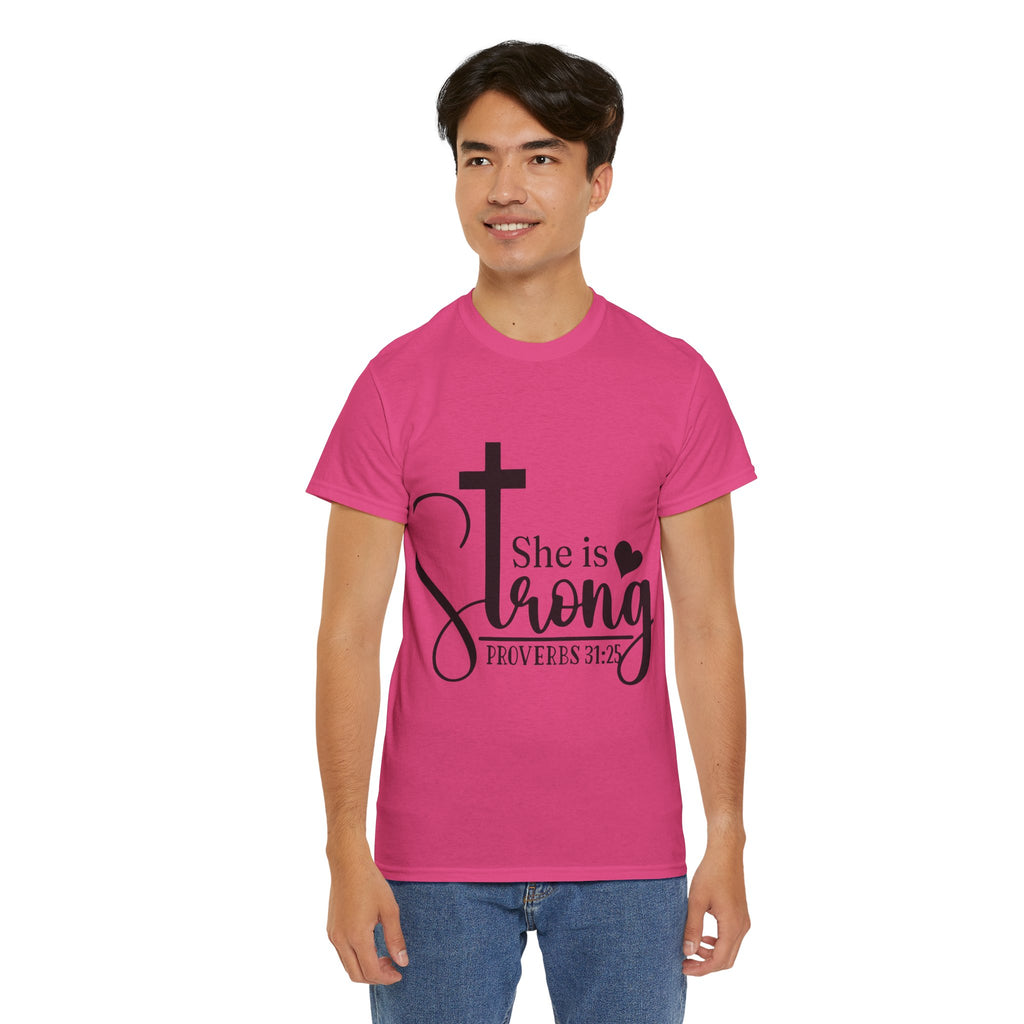 Proverbs 31:25 'She is Strong' T-Shirt – Christian Cross & Heart Unisex Cotton Tee