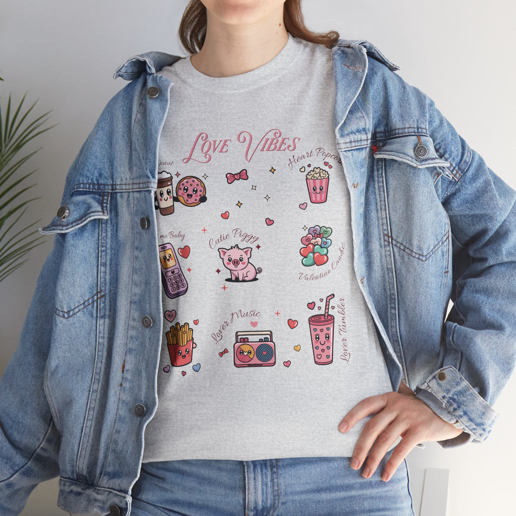 Love Vibes Kawaii Valentine T-Shirt — Cute Donut, Coffee & Piglet Design Unisex Cotton Tee
