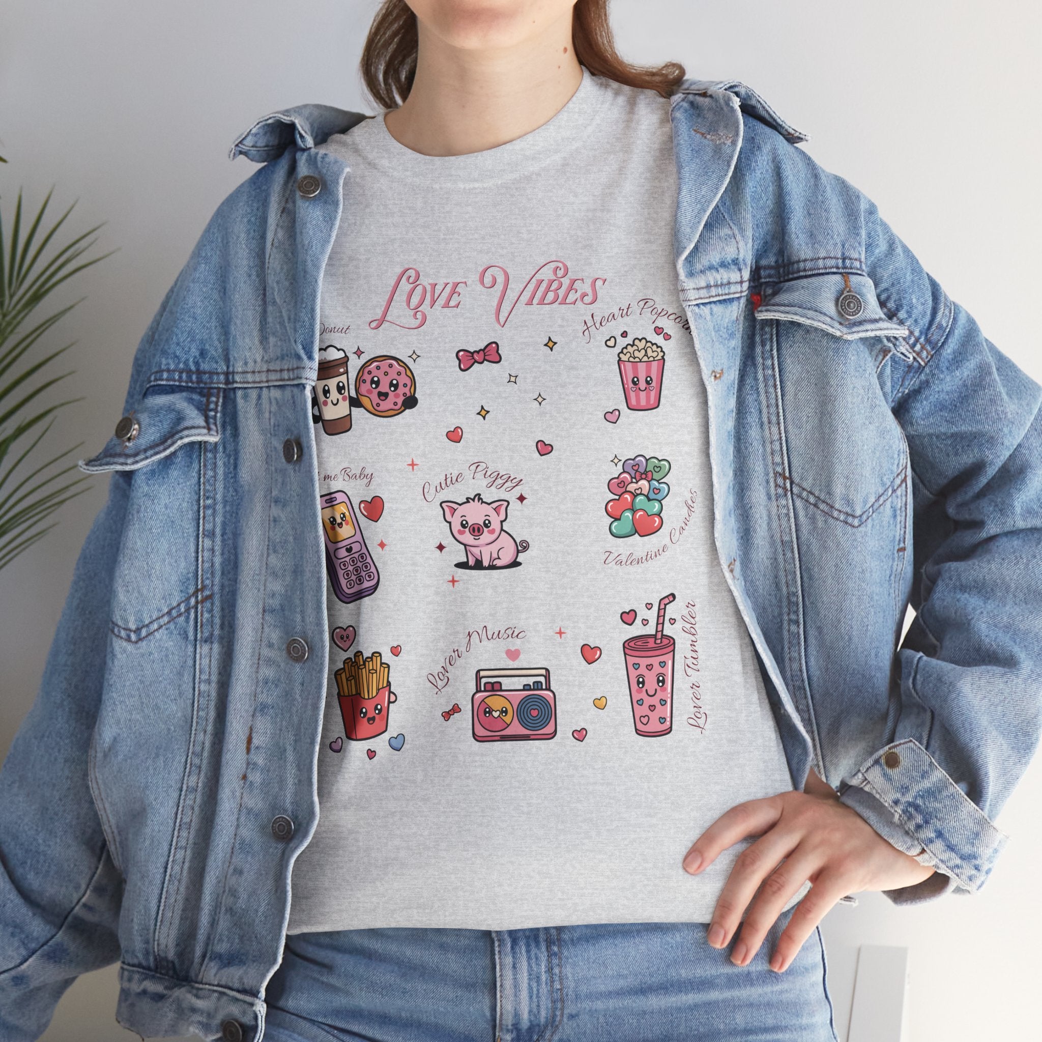 Love Vibes Kawaii Valentine T-Shirt — Cute Donut, Coffee & Piglet Design Unisex Cotton Tee