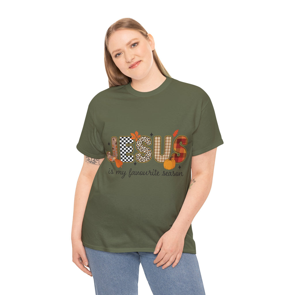 Jesus Is My Favorite Season Tee — Autumn Plaid & Leopard Lettering Unisex Cotton Tee