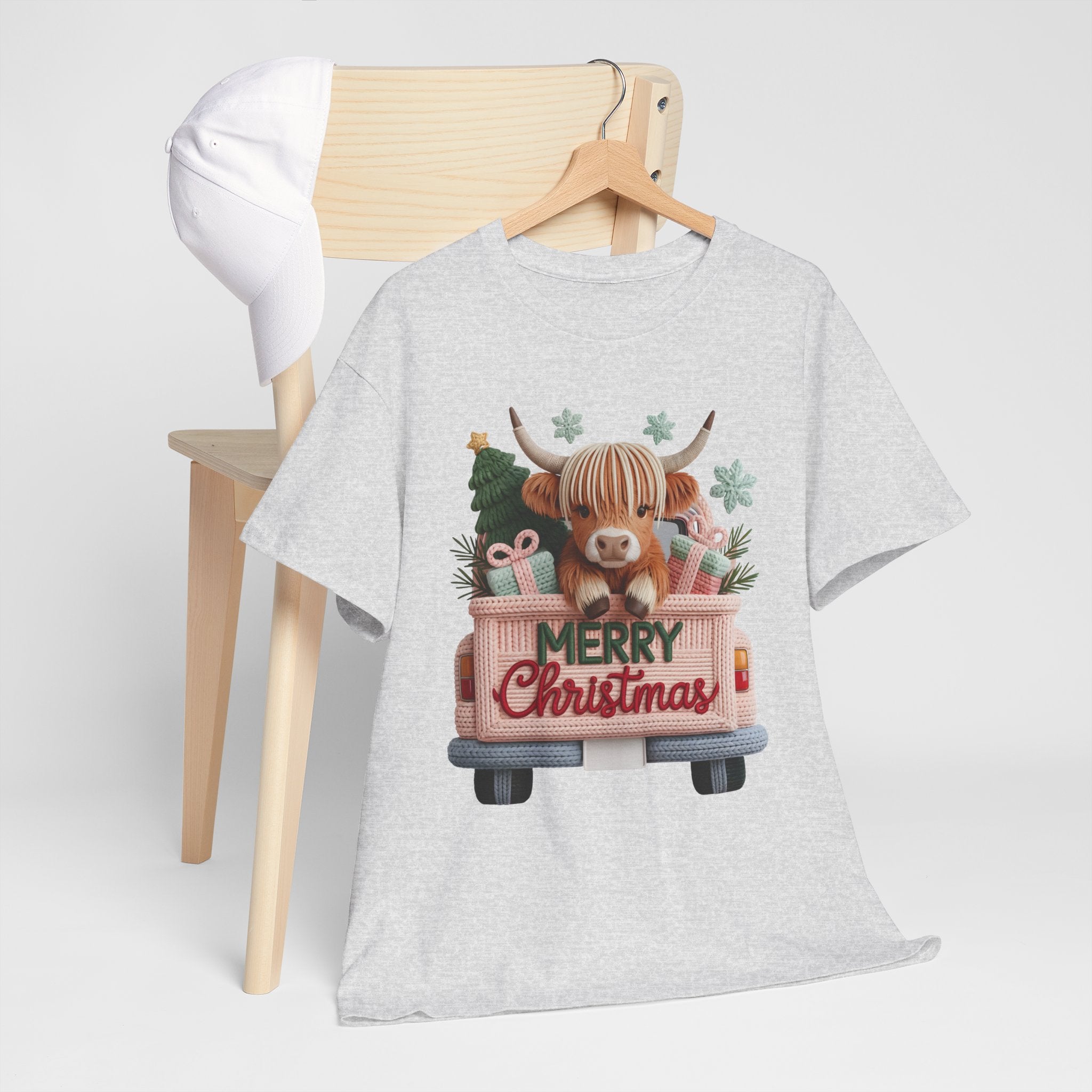 Merry Christmas Highland Cow Knit Truck Unisex Cotton T-Shirt