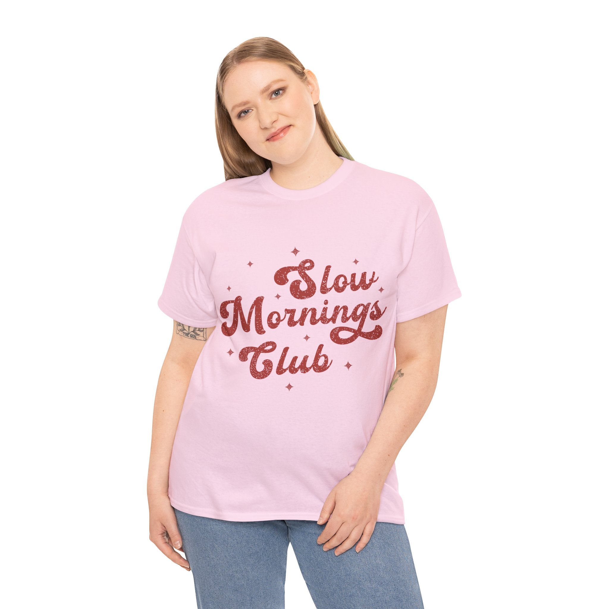 Slow Mornings Club T-Shirt — Retro Red Sparkle Unisex Cotton Tee