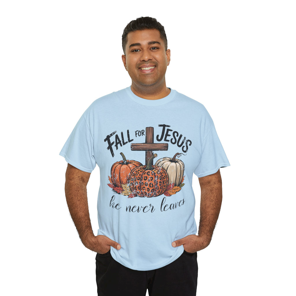 Fall for Jesus Pumpkin Cross Tee — "He Never Leaves" Autumn Christian Unisex Cotton T-Shirt